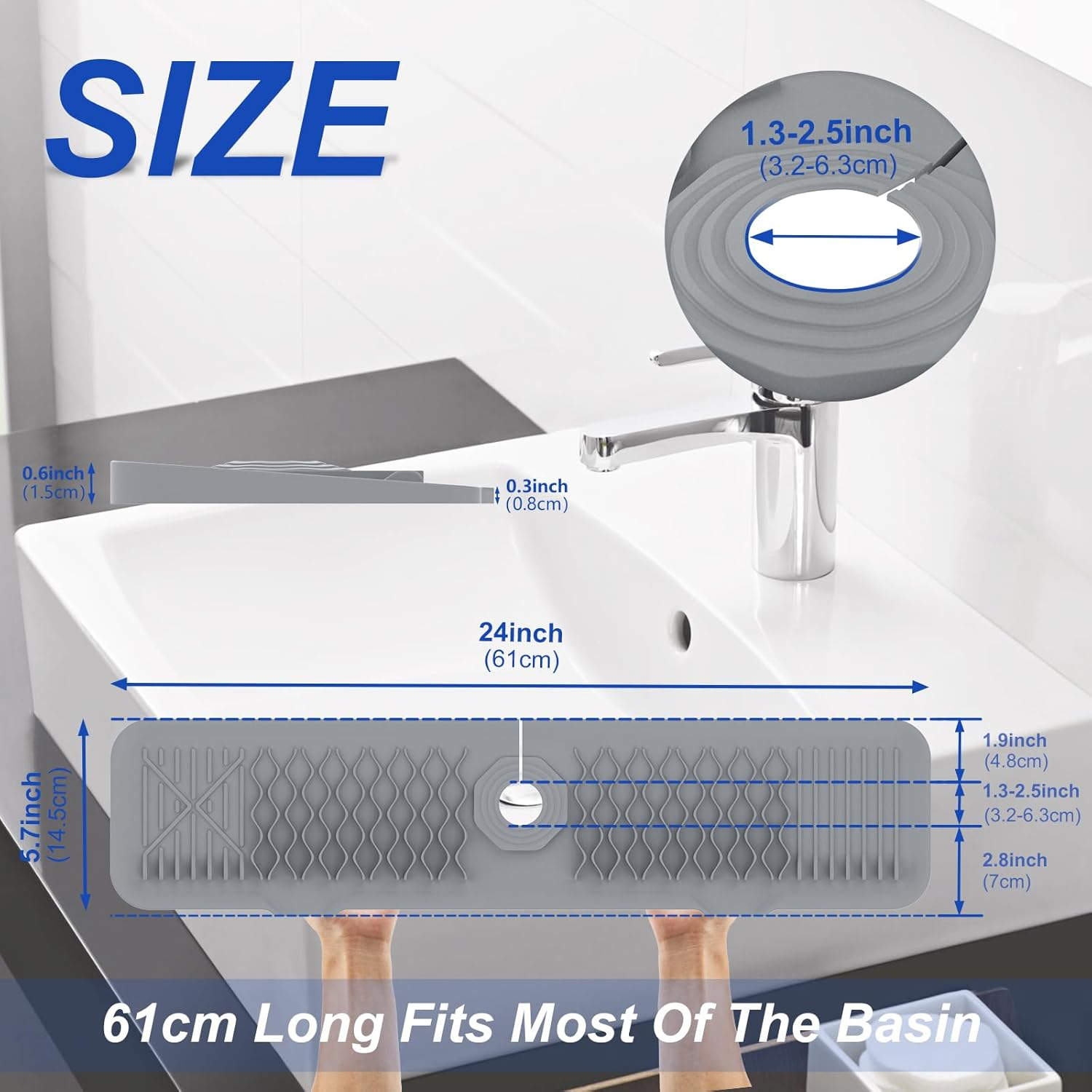 61CM Long Sink Splash Guard Mat, Faucet Handle Drip Catcher Tray, Countertop Dish Drying Mats Kitchen Sink Gray image number 1