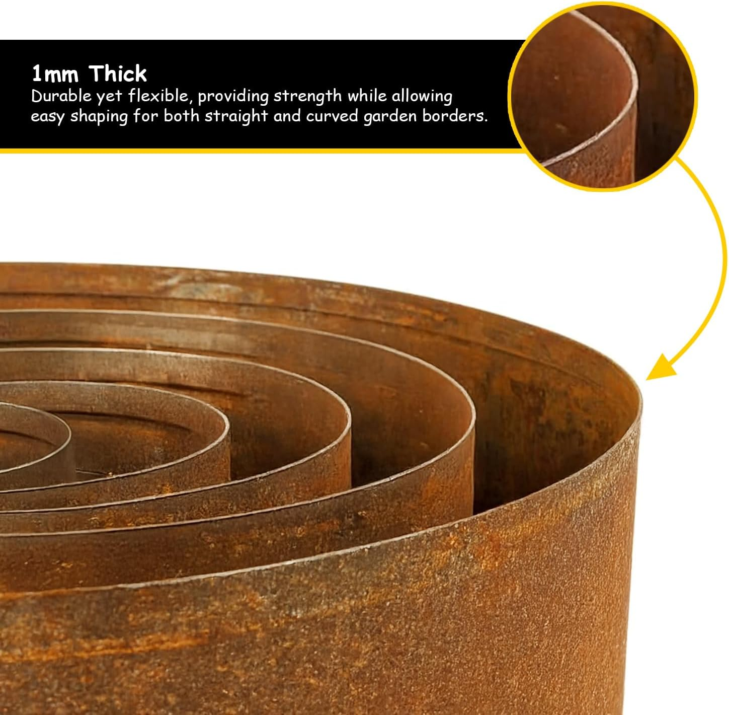 Corten Steel Metal Lawn Edging 10 Metre (33Ft), Roll, Pre-Rusted Metal Garden Edging 14 Cm High, Easy to Install Garden Edge Border, Safety Gloves Included (Rust, 10M) image number 1