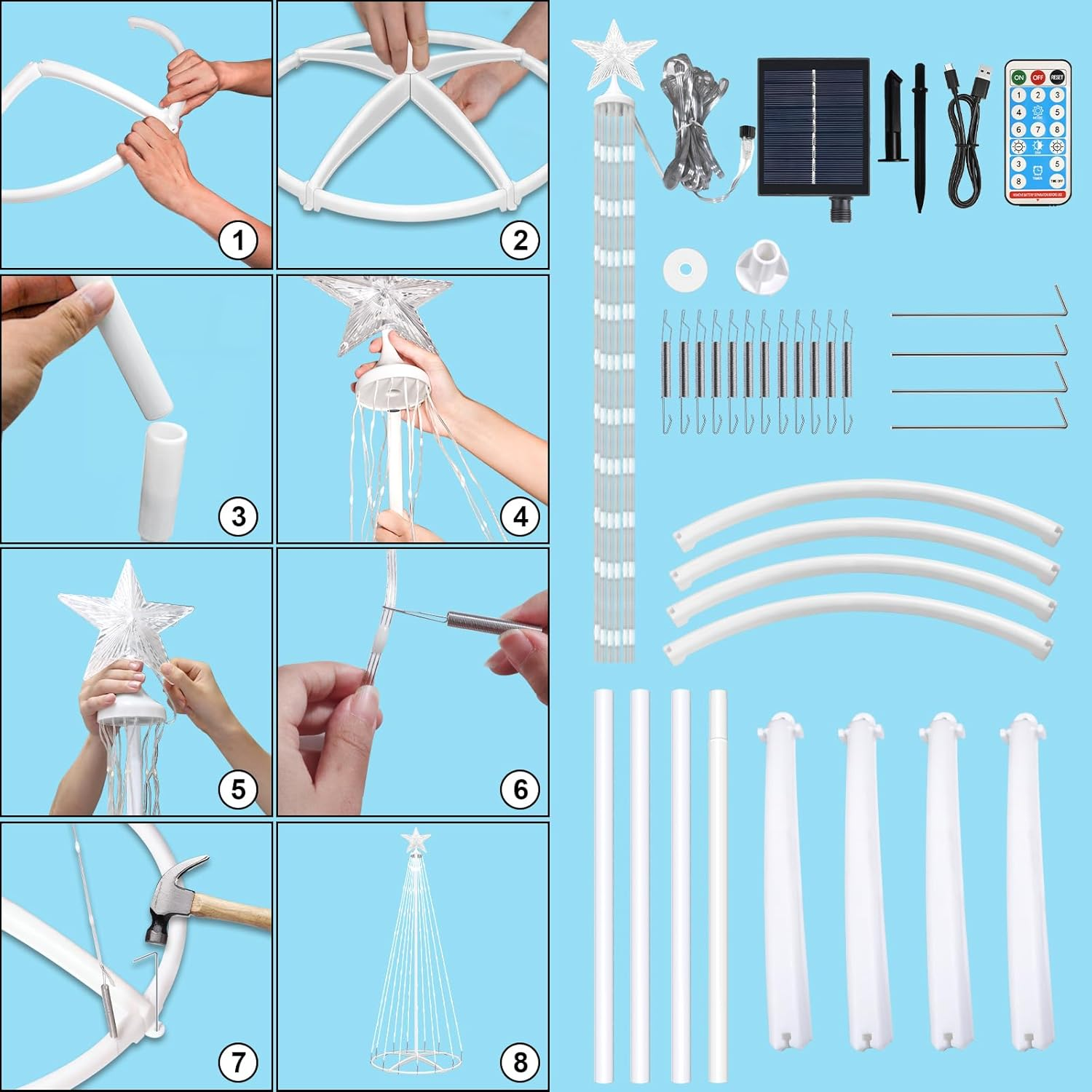 Outdoor Solar Christmas Cone Tree Lights,1.5M 202 LED Christmas Tree Lightshow with 8 Modes Timer Remote, Lighted Artificial Tree USB Charge for Xmas Yard Porch Patio Party Holiday Decor, Cold White