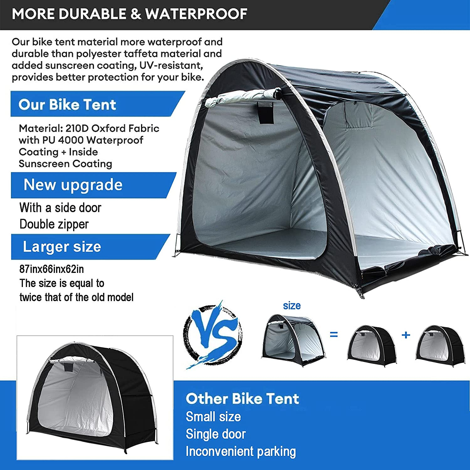 Bike Storage Shed,Bicycle Cover Tent,Heavy Duty Enlarged Style Two Doors Can Store 3-4 Bicycles Oxford Fabric Material,With Waterproof Coating,With Multi Tool and 2Pcs Combination Lock (Black) image number 2