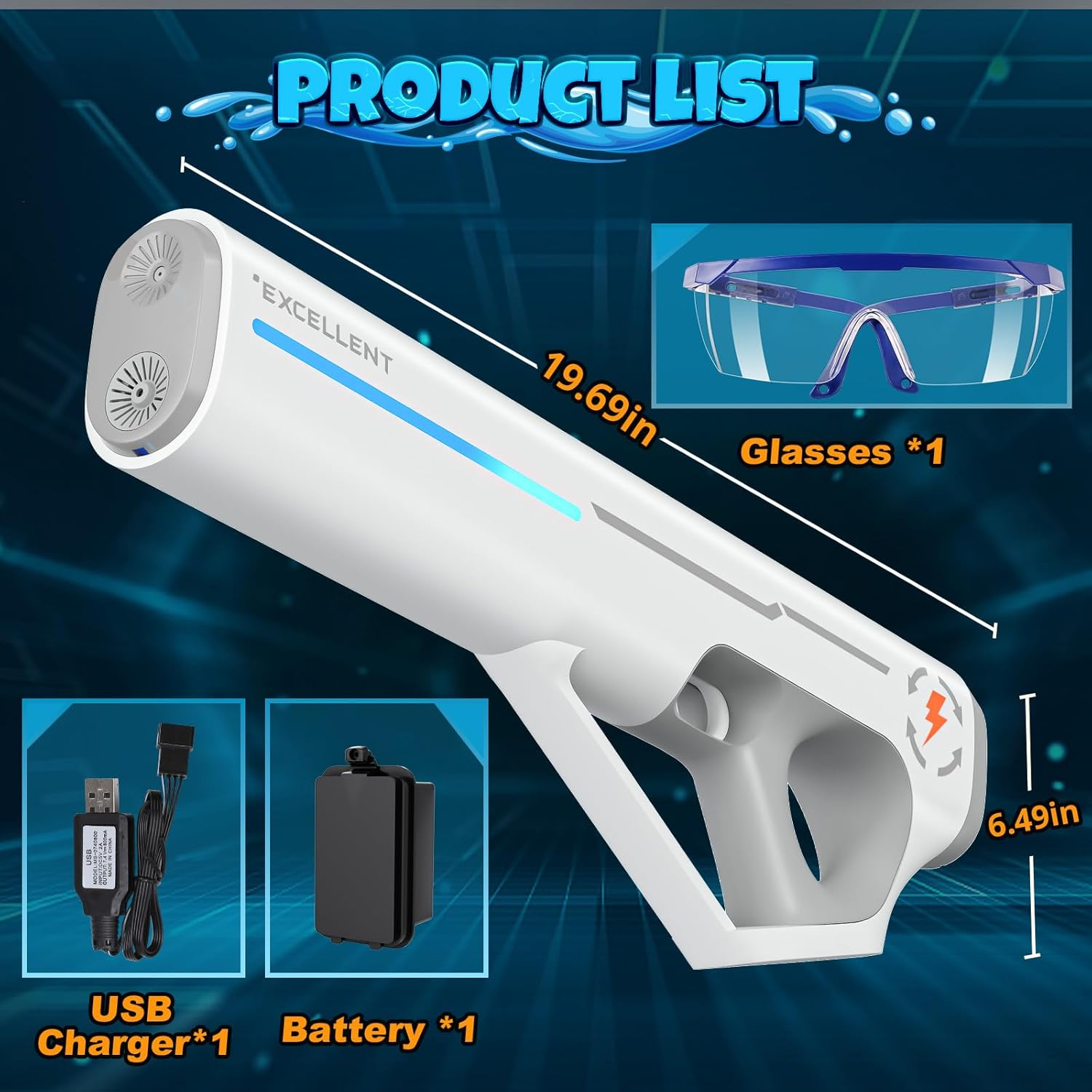 Skirfy 20&rdquo; Larger Electric Water Gun for Adults Kids, Automatic Squirt Guns Light up to 32 Ft Range, Water Tank 500C Capacity Modular Battery, Water Guns Toys for Outdoor Summer Beach Party image number 3