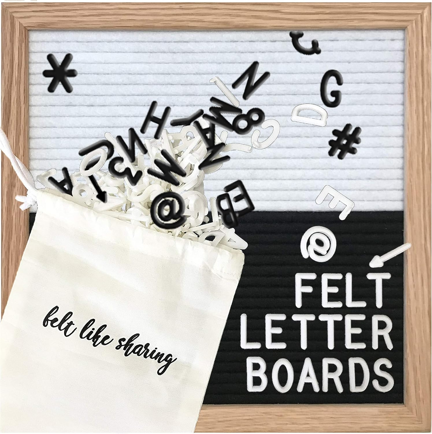 Felt Letter Board 10X10 Inches. Changeable Letter Boards Include 300 Plastic Letters & Oak Frame. 10"X10" Colorblock Black & White