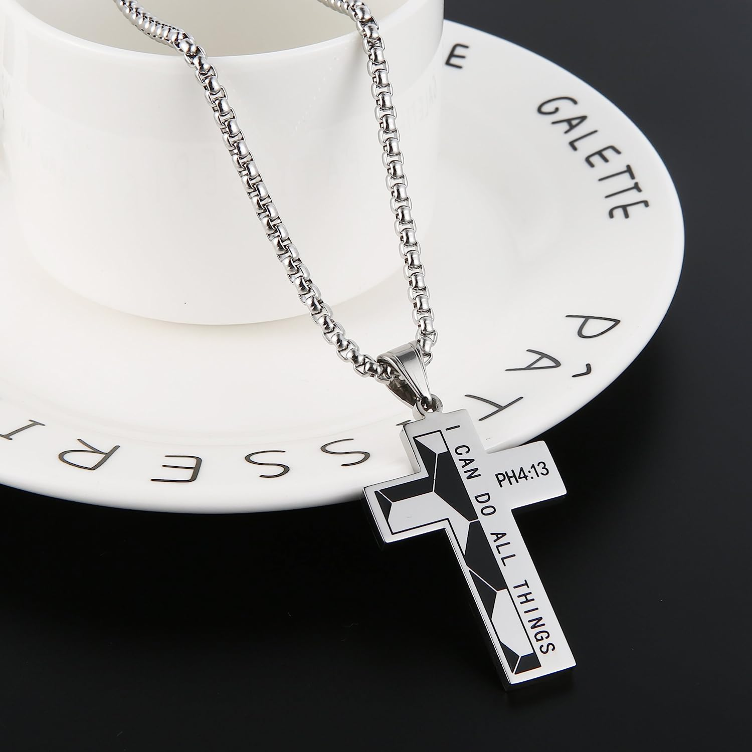 HZMAN Basketball Football Soccer Cross Pendant, I CAN DO ALL THINGS STRENGTH Bible Verse Stainless Steel Necklace - Black image number 2