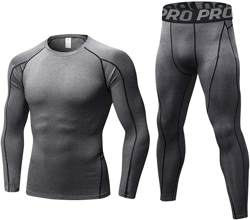 Mens Workout Compression Set Pants and Long Sleeve Shirts Winter Warm Thermal Base Layer Top & Bottom