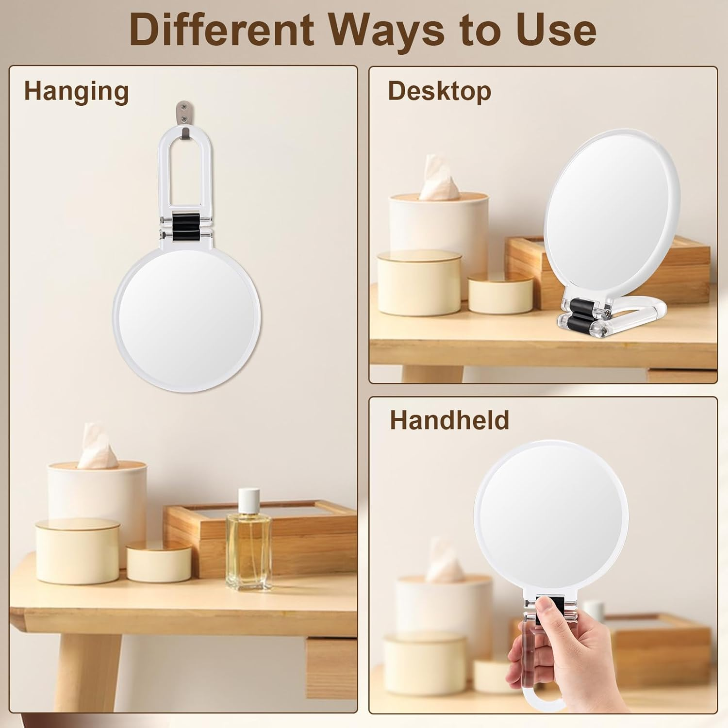 BOOMIBOO 1X/10X Magnifying Handheld Mirror Double Sided, Foldable Travel Makeup Mirror, Adjustable Rotation Pedestal Hand/Hanging/Desk Vanity Mirror-Clear - Clear image number 4