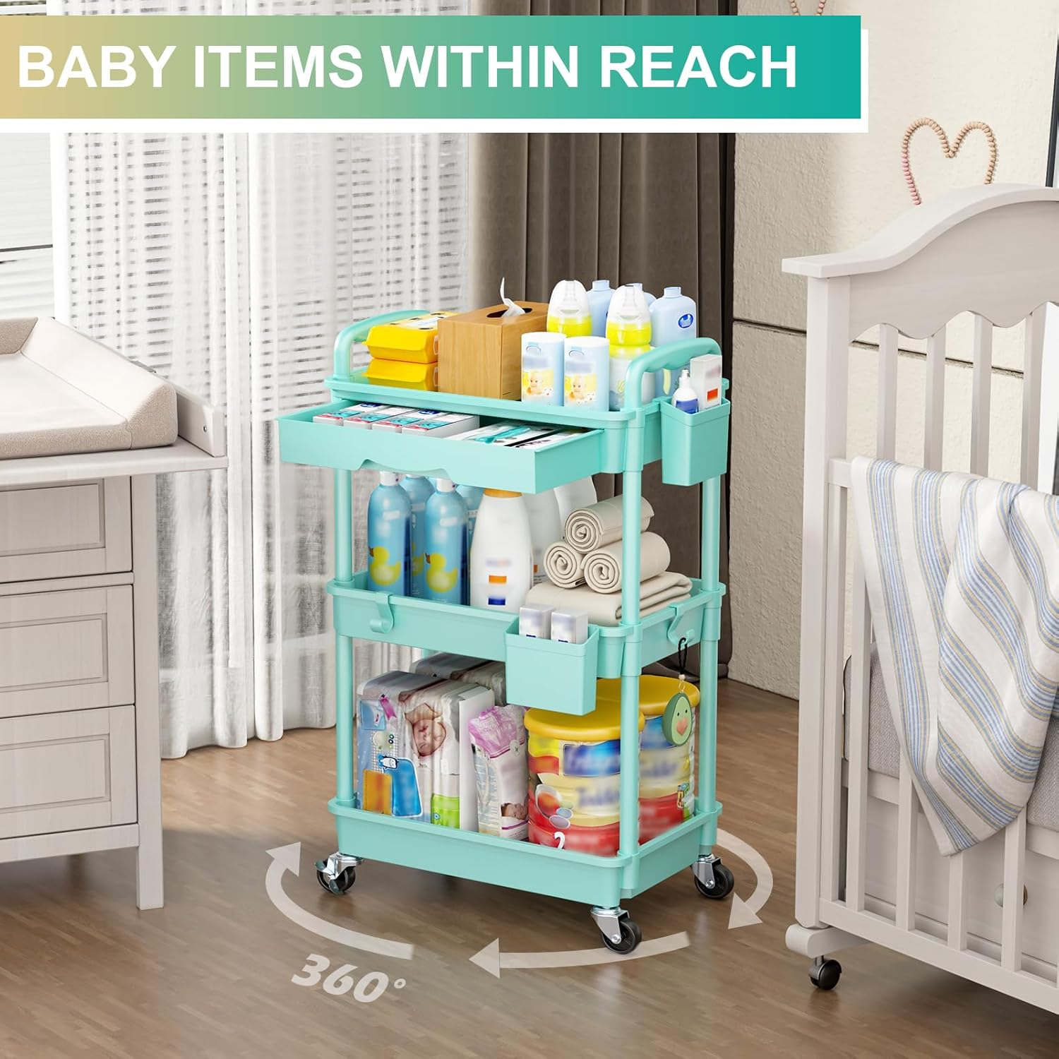 Yeabett 3 Tier Craft Trolley, Storage Trolley on Wheels Utility Cart with Drawer for Kitchen, Bathroom, Office, Living Room, Blue image number 2