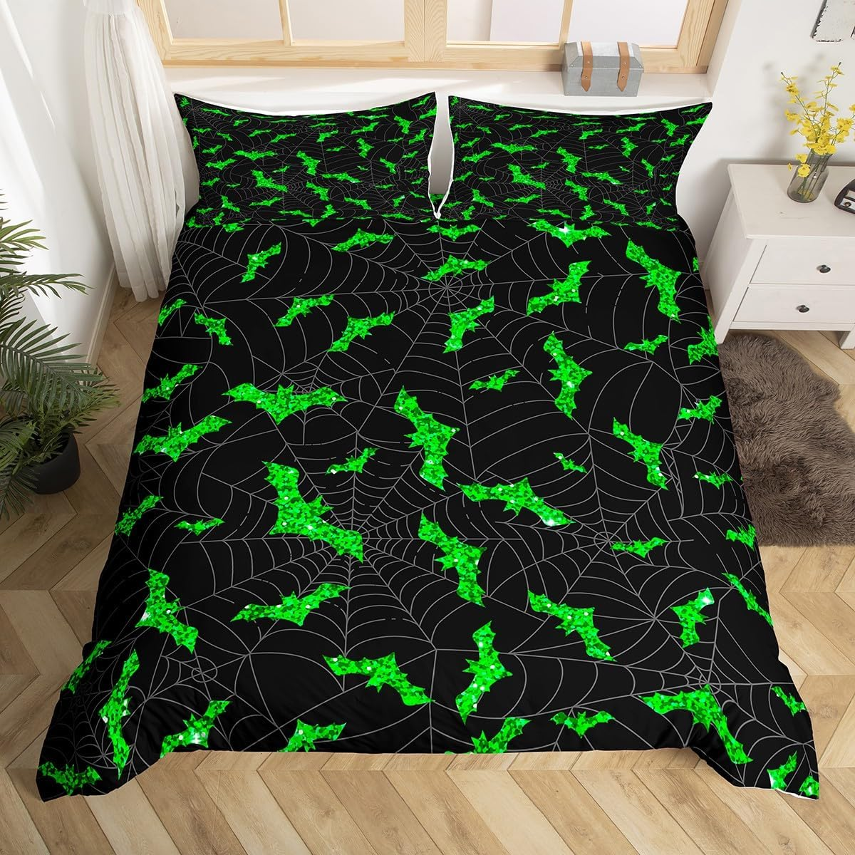 Bat Duvet Cover Set, S Size, Black Spider Web Bedding Set, Gothic Style Halloween Comforter Cover, Children, Girls, Adult Bedroom Decor, Green Glitter Print Quilt Cover, 1 Pillowcase image number 4