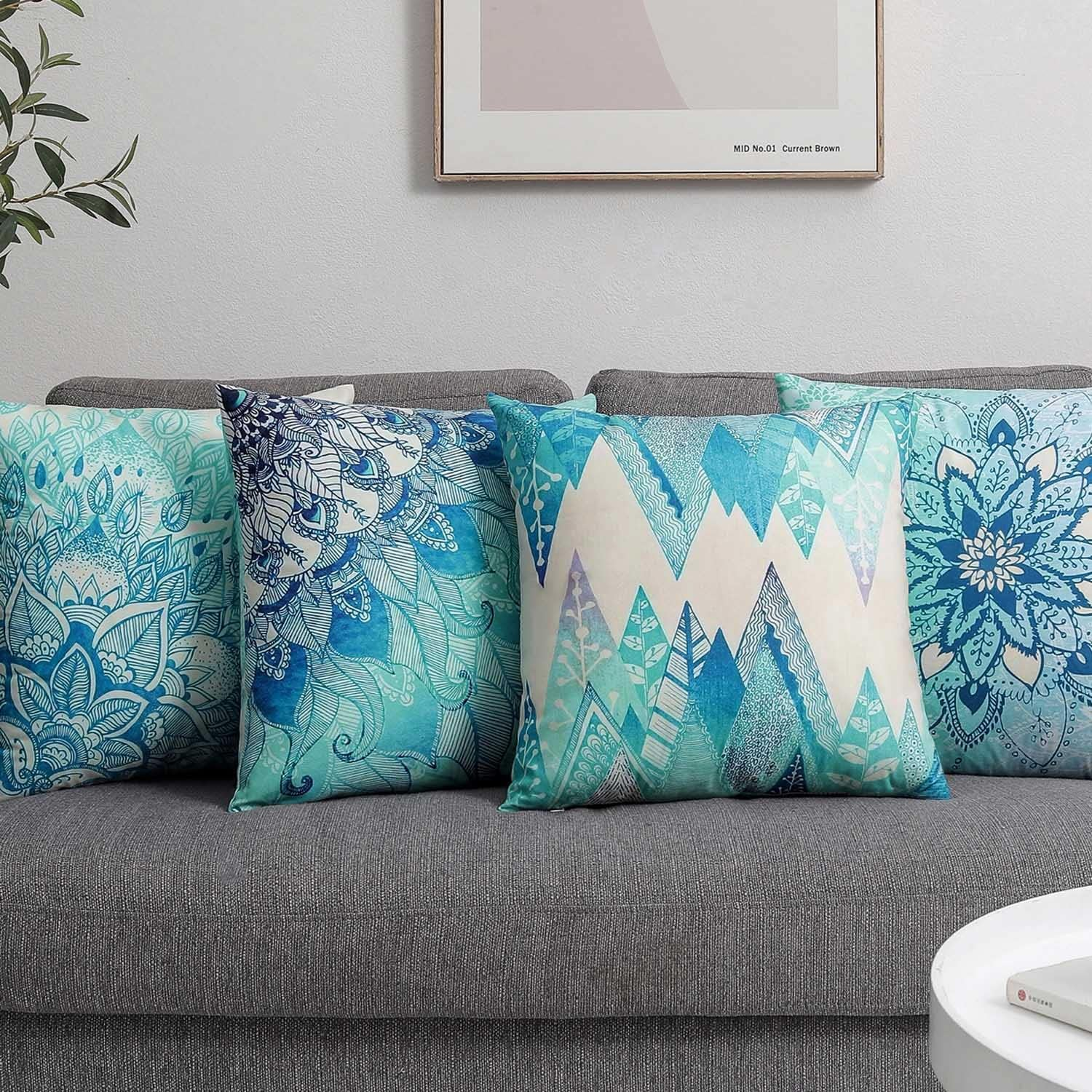 Set of 4 Luxton Boho Mandala Cushion Covers for Home Decoration, Aqua Blue Green Turquoise Cushion Covers Decorative Pillow Covers Square 45X45Cm