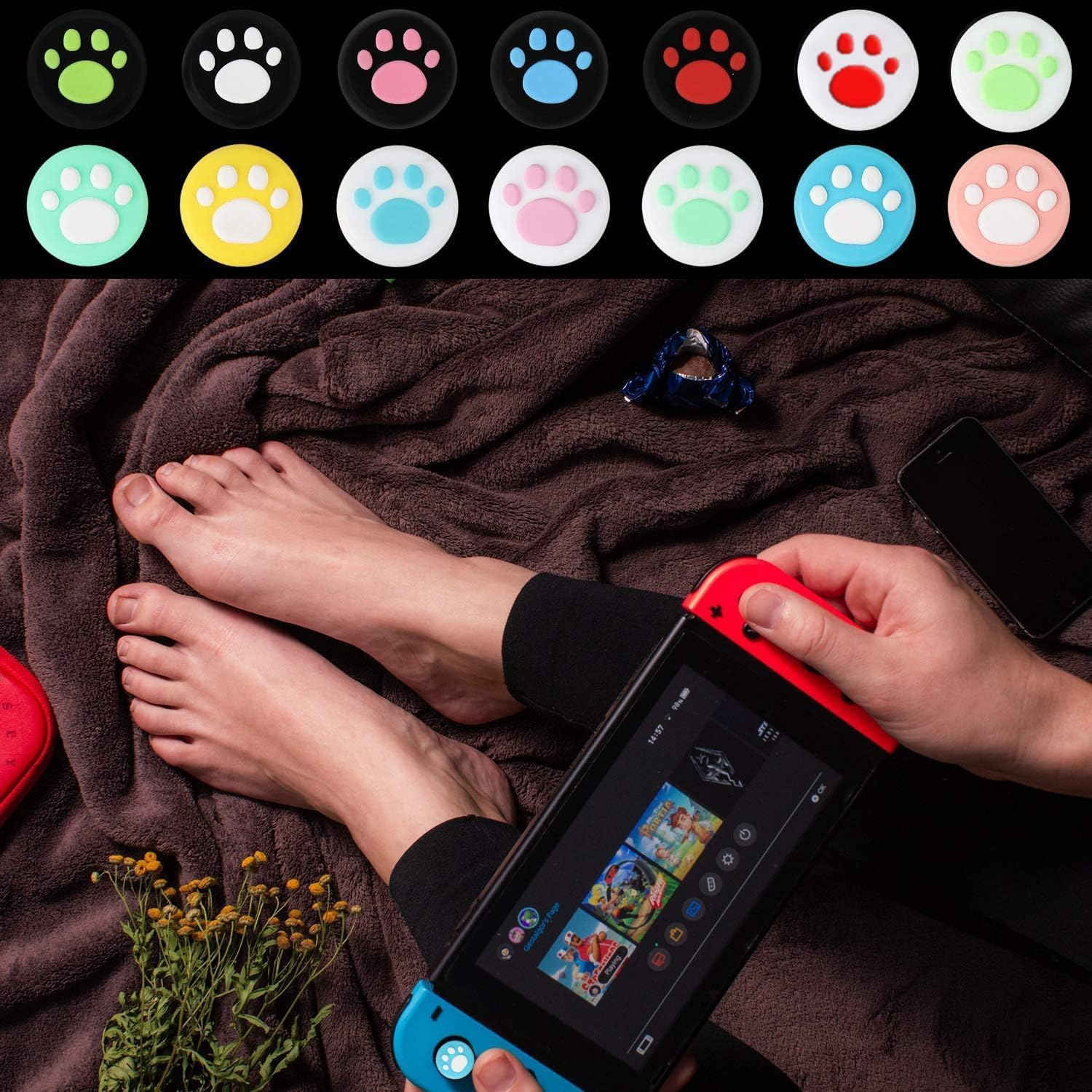 28 Pieces Replacement Soft Silicone Cat Paw Design Thumb Grip Caps Thumb Grips Analog Stick Cover Compatible with Nintendo Switch, Switch Lite/Oled and Joy Con Controller image number 4