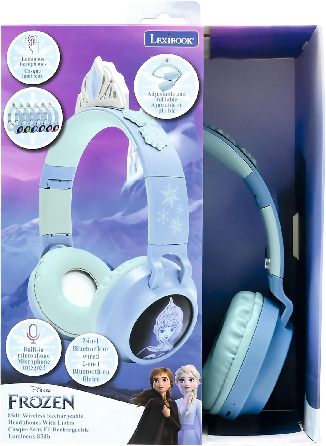 Lexibook, Frost 2-1 Wireless and Wired Headphones with Princess Tiara, Sound Limited to 85Db, Light Effects, Foldable, Adjustable, Rechargeable, HPBT015FZ