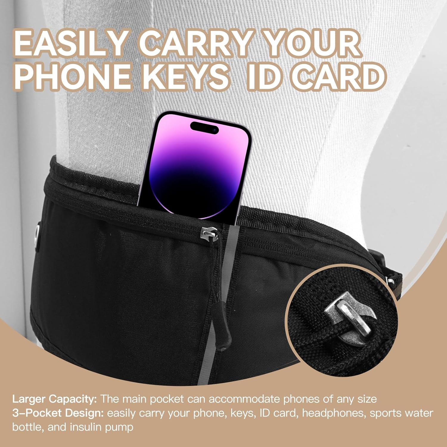 Adjustable Running Belt Waist Pack - Water-Resistant Phone Holder for Men & Women, 45Cm Slim Fitness Belt Bag Fits 6.5" Phones (80-125Cm Waist) image number 2