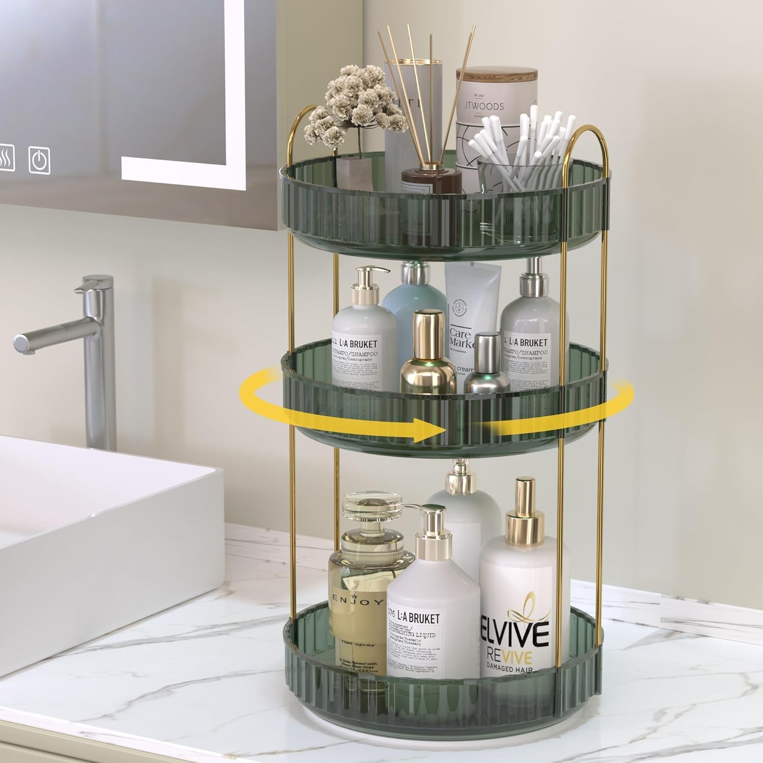 Tinyso 3 Tier Rotating Makeup Organizer for Vanity,Skincare Perfume Storage Organizersbathroom Counter Organizer for Make up Cosmetic Lipstick,Clear Spinning Organizer Perfume Holder (Green, 3Tier) image number 6
