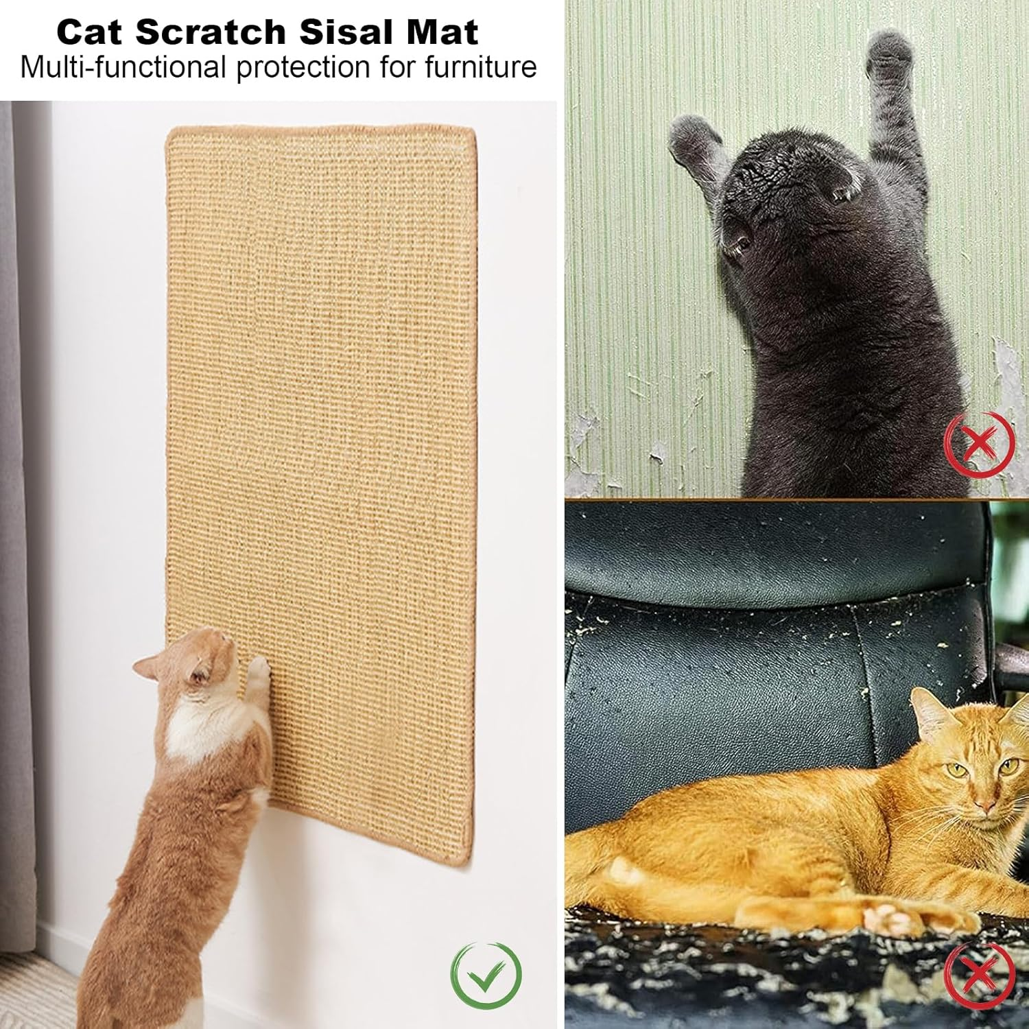Pack of 2 Cat Scratching Mat, Natural Sisal Rug, Cat Scratching Mat, Non-Slip Scratching Boards Sisal Mat, Cat Floor Scratching Pad, Cat Scratching Furniture, Corners Scratch Protection for Sofas