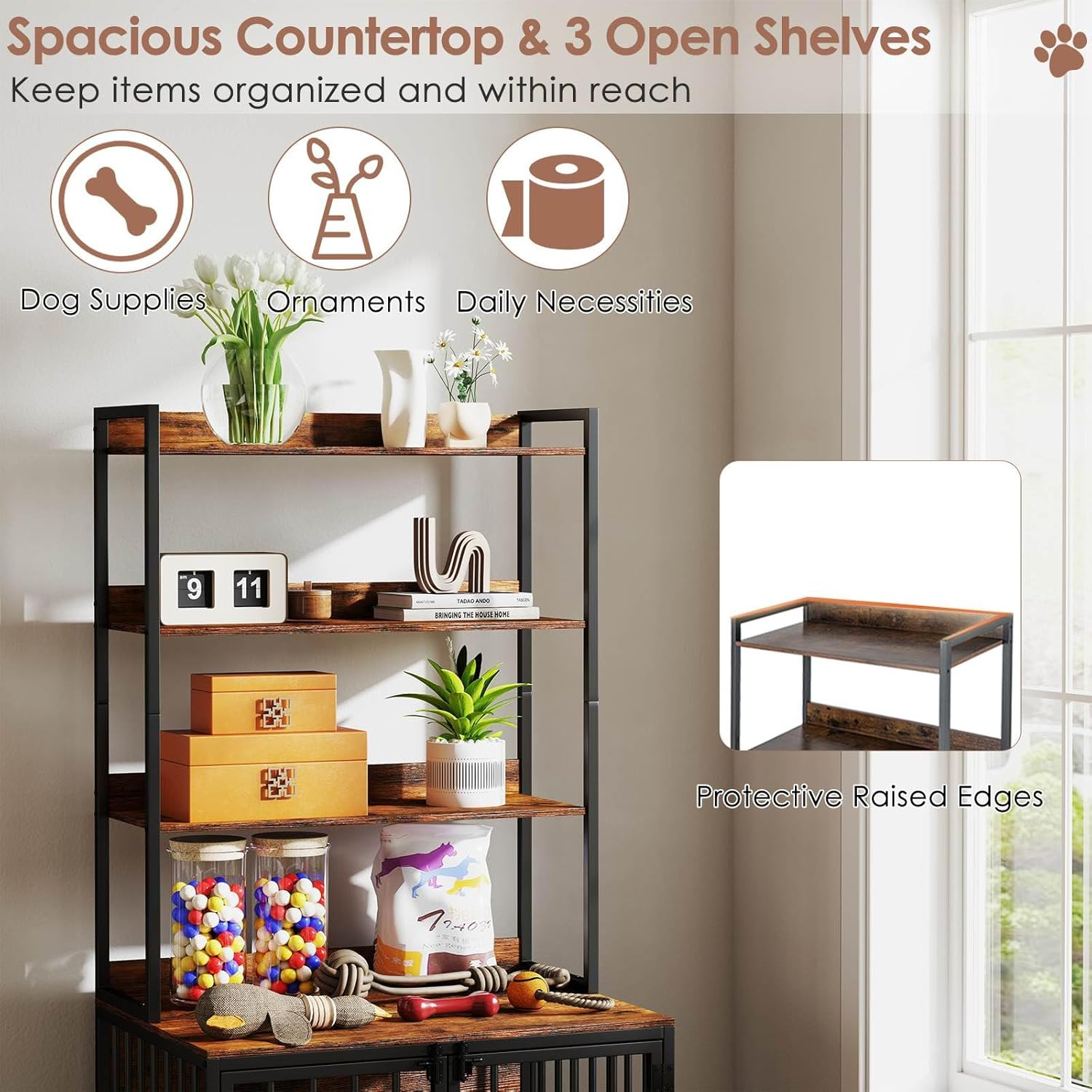 Costway Dog Crate Furniture W/Storage Shelves, Double Doors, Wooden Dog Kennel Table for Small & Medium Dogs, Heavy-Duty Chew-Resistant Wood Metal Dog Cage, Indoor Pet Furniture Dog House image number 4