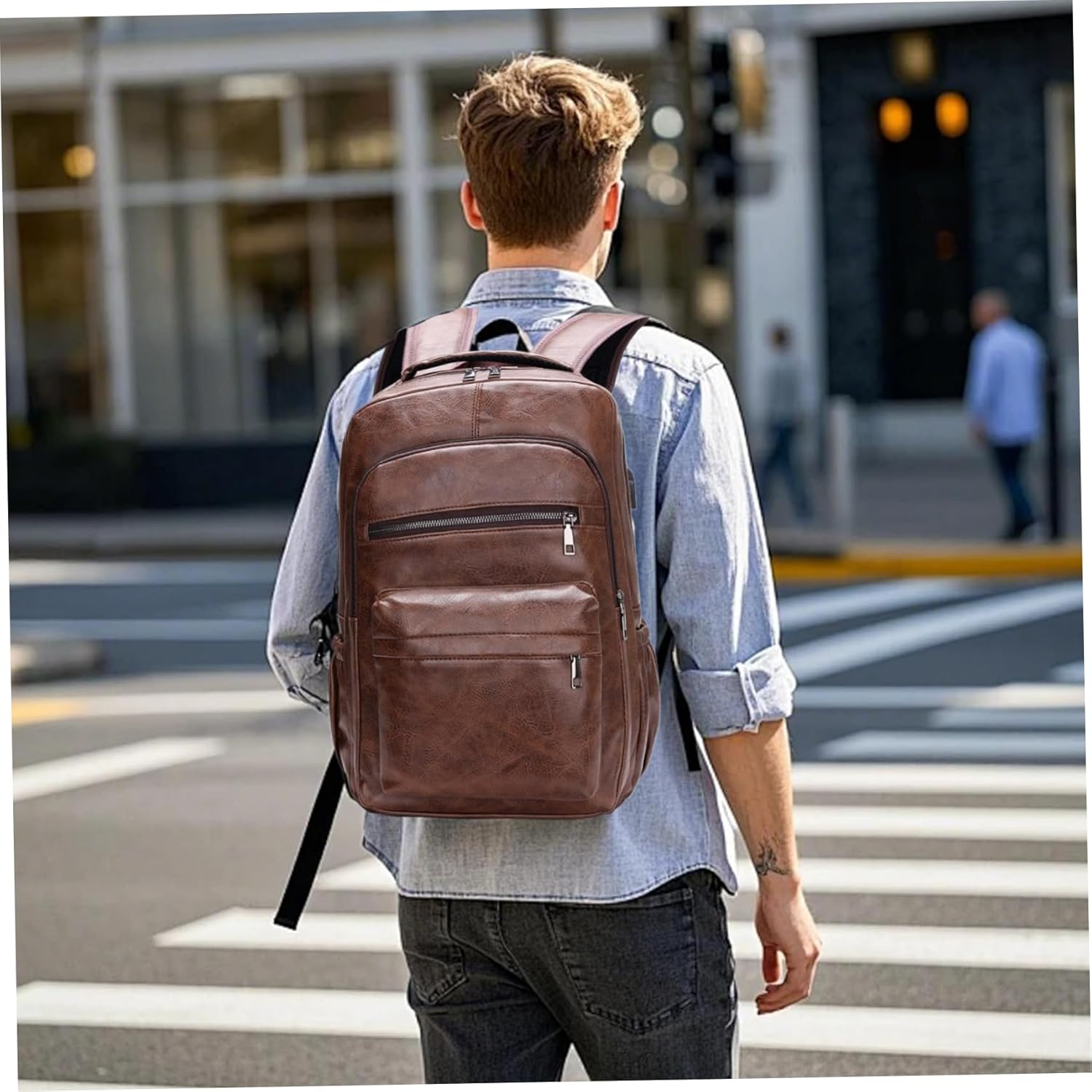 Leather Backpack for Men, 11X15.7Inch Vintage PU Leather Backpack with Multi-Pockets, Waterproof Shoulder Daypacks for Business Travel Hiking image number 5