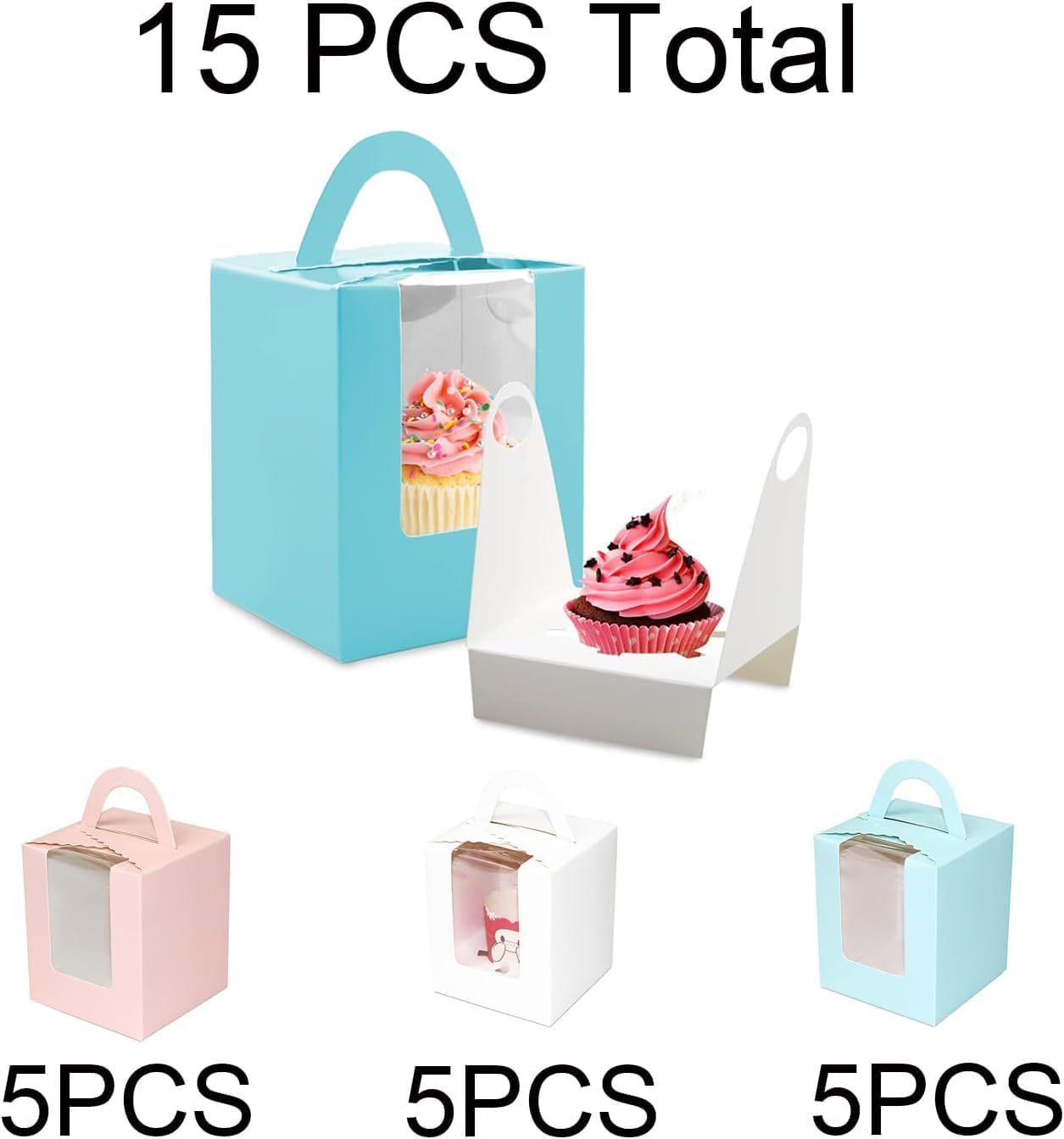 Cupcake Boxes, 15PCS Individual Cupcake Containers, Cupcake Boxes with Window, Food Grade Cupcake Holders with Inserts, Pastry Containers with Handle for Wedding Birthday Parties (3 Style) image number 5