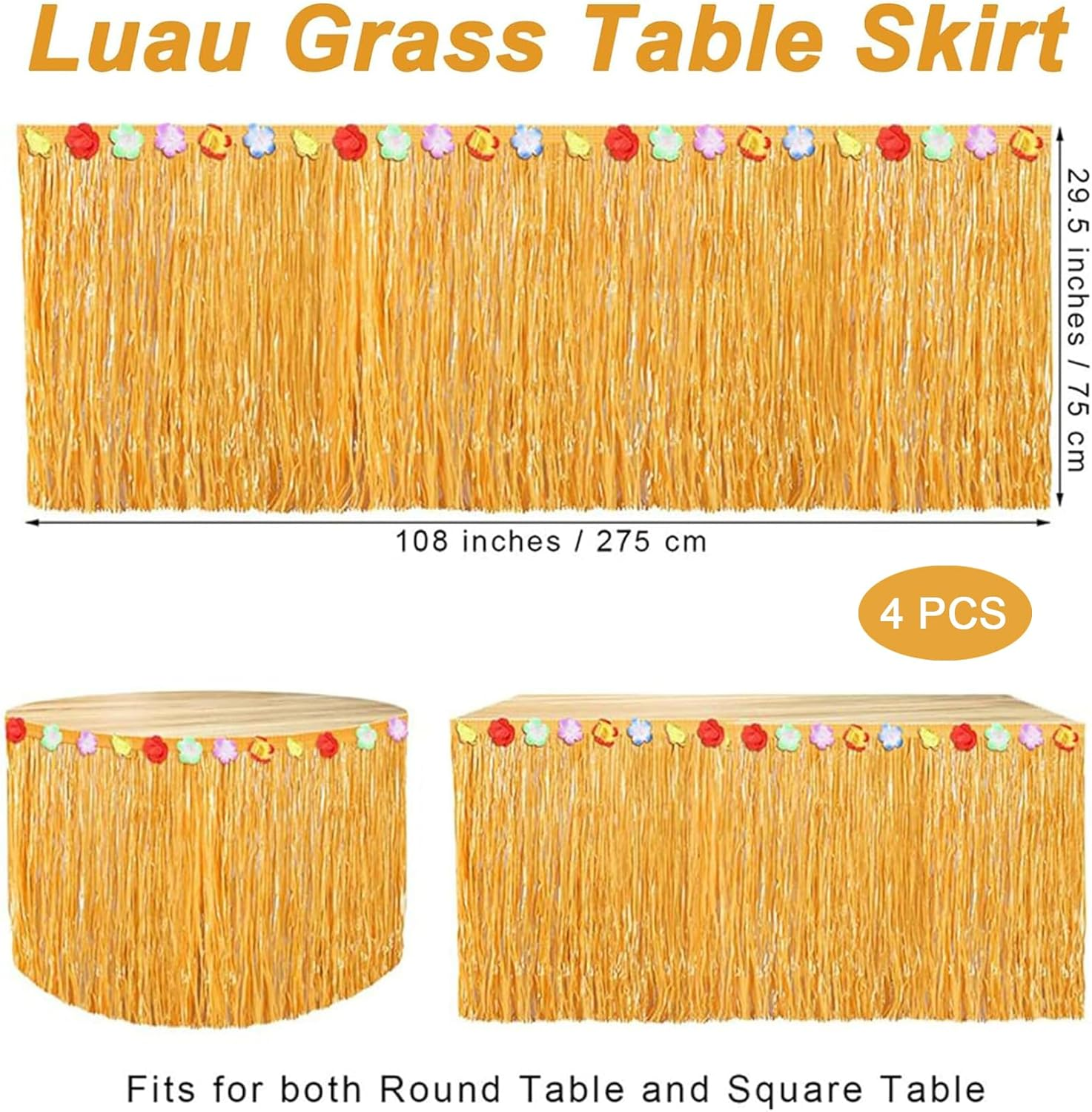 4 Pcs Luau Grass Table Skirt, Hawaiian Luau Hibiscus Table Skirt Faux Flowers Table Hula, Grass Skirt Table Fringe Luau Table Decorations, Party, Events, Birthdays, Celebration Decoration image number 1