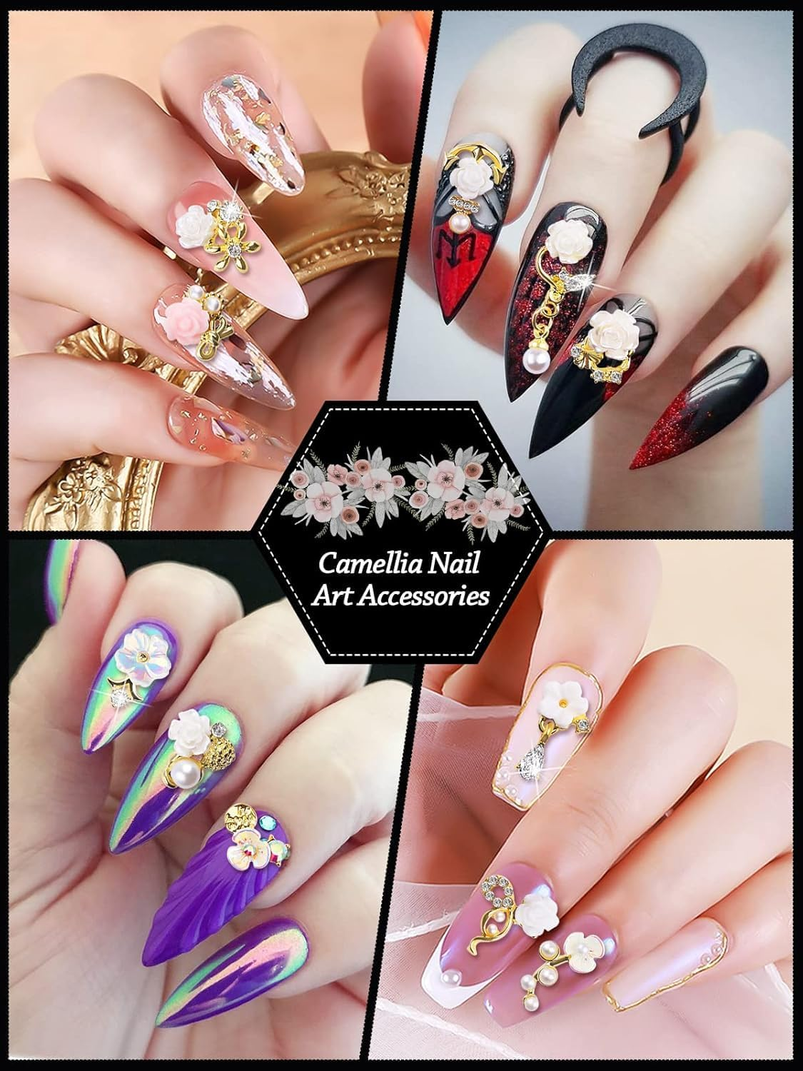 3D Flower Nail Charms Rhinestone, Kalolary White Flower Acrylic Nail Pendant Camellia Cherry Blossoms Nail Art Decorations for Spring Summer Nail Art Designs image number 6