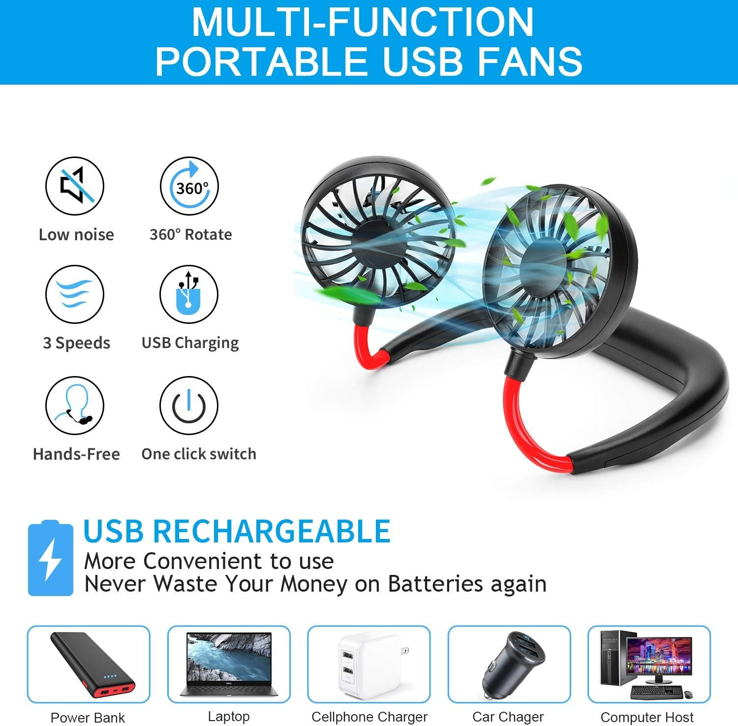 RJVW Portable Neck Fan, Hand Free Personal Hanging Neck Sports Fan USB Rechargeable (3 Speed Adjustable) Wearable Cooling Head Fan,360 Degree Free Rotation for Traveling, Sports, Office, Reading image number 1