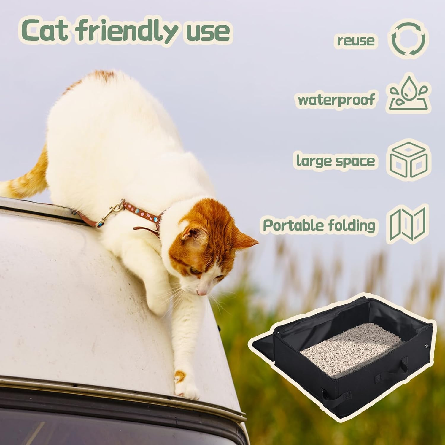 Portable Foldable Cat Litter Box for Travel, Waterproof Leak-Proof Design with Lid, Collapsible Carrier for Car/Hotel, Lightweight Tray for Small Cats & Kittens image number 2