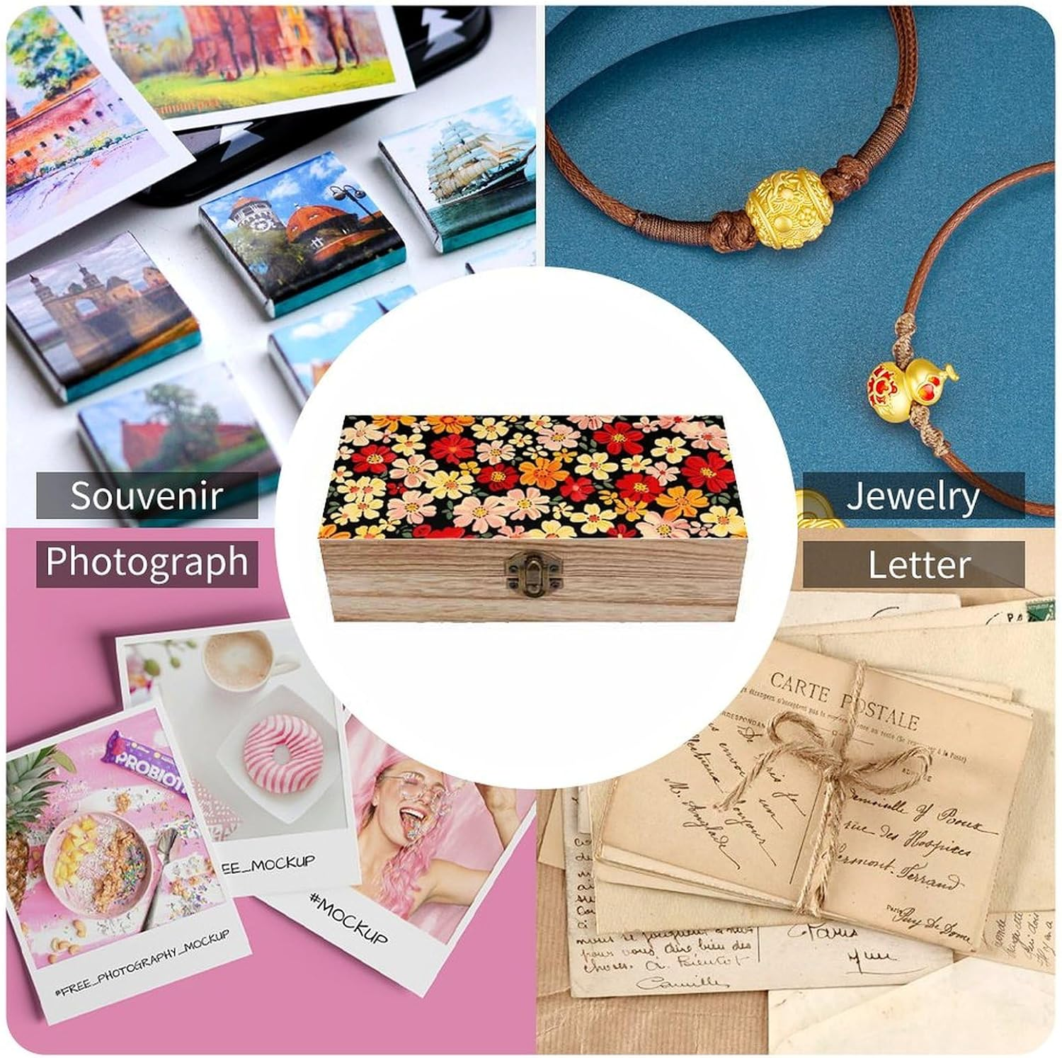 Colored Flowers Wooden Box Wood Wedding Keepsake Boxes with Lids Small Decorative Boxes Lightweight Wooden Memory Storage Box for Crafts Keepsakes Jewelry Photo Letter Storage image number 1