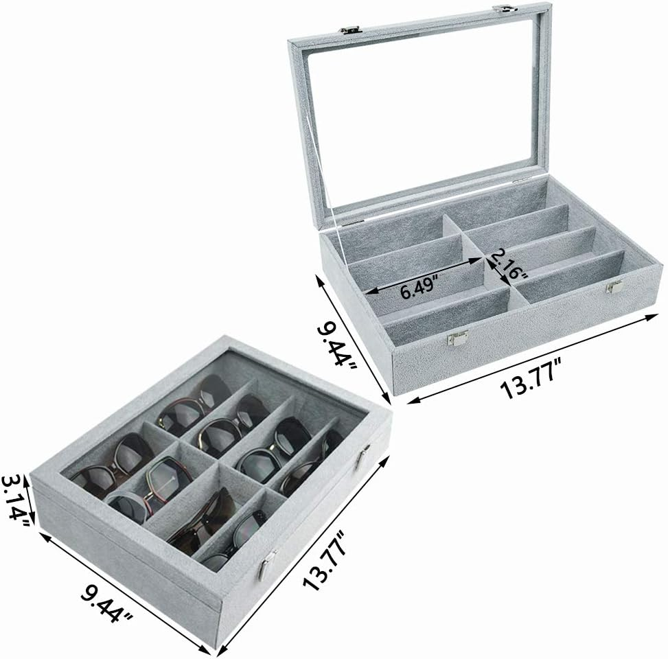 Tasybox Sunglasses Organizer Eyeglass Holder 8 Slot Eyewear Storage Box Velvet Display Case for Women and Men Grey