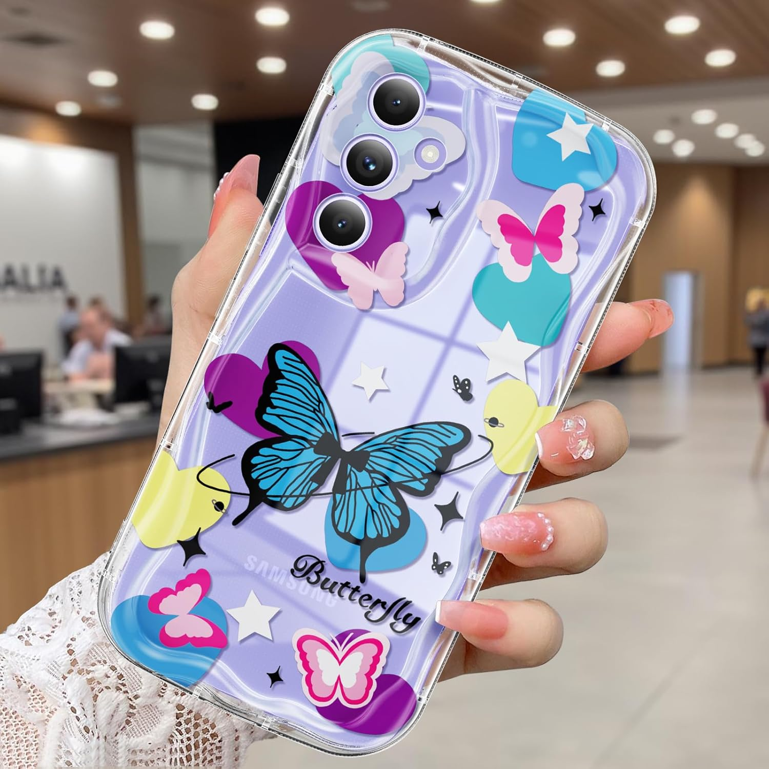 CASBST Compatible for Samsung Galaxy A32 5G Case, Pretty Butterfly Print Three-Dimensional Wave Clear Case for Girls Women, Soft Full Package Anti-Fall Cover for Galaxy A32 5G, Silver Butterfly