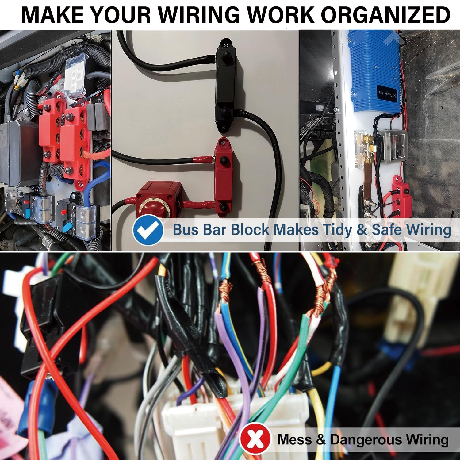 Bus Bar 250A 12V - 24V Power Distribution Block with 5/16" (M8) 4-Posts Terminals Block with Cover for Automotive, Marine, Battery System (Black & Red) image number 5