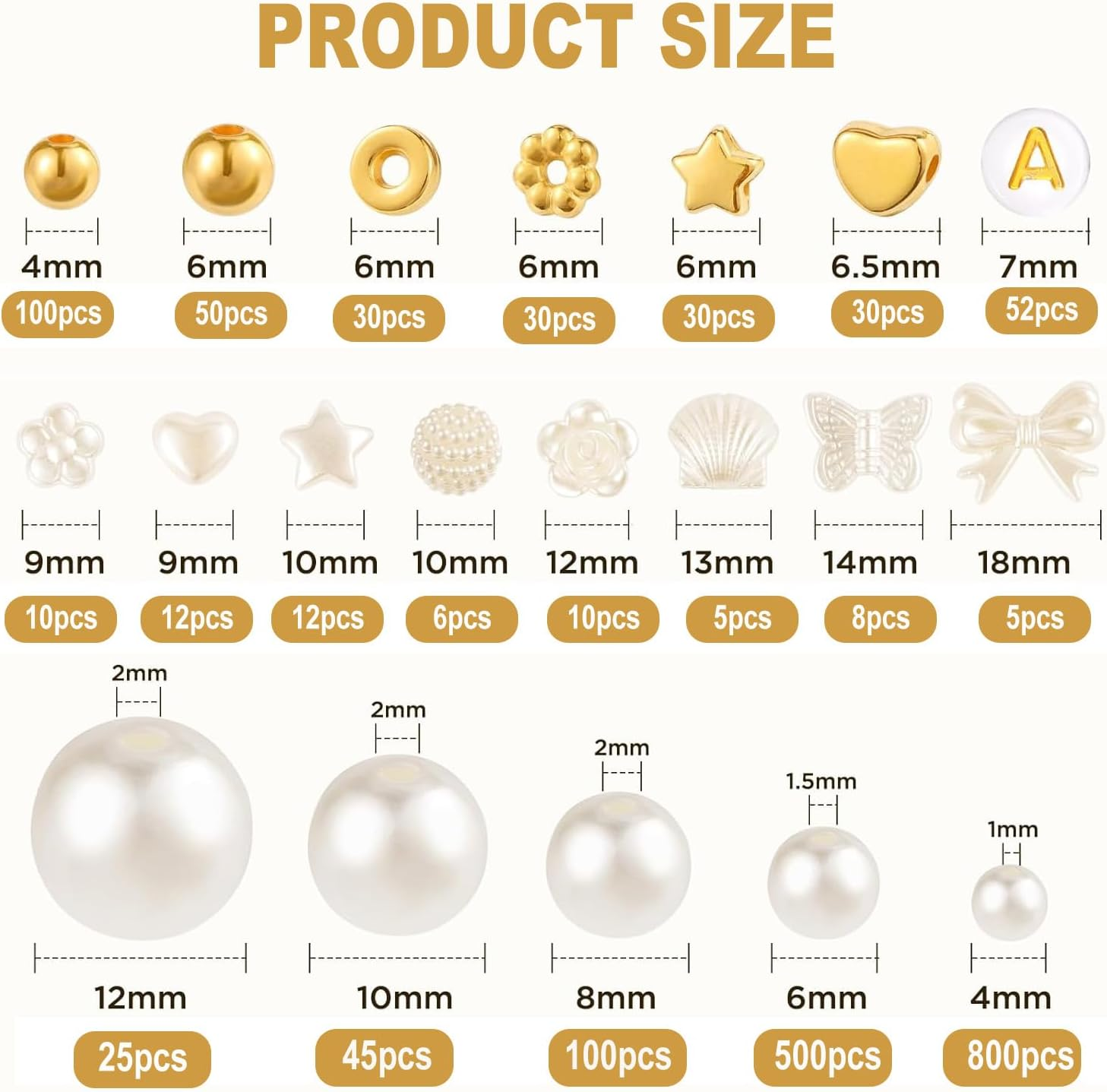 IONPSHG 1860Pcs Beads Bracelet Making Kit with 5 Sizes round White Pearl Beads, Multi-Shape Pearls & Gold Spacer for DIY Jewelry Making, Art Crafts Gifts for Women Girls image number 5