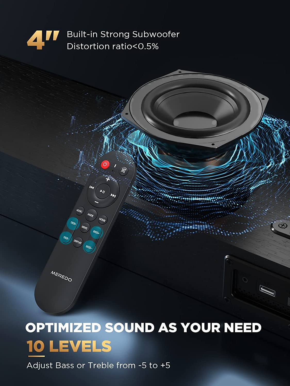 Sound Bar Wooden MEREDO Sound Bars for TV 2.1CH Built-In Subwoofer 150W All-In-One Soundbar Bass/Treble Adjustable 5 EQ Modes Arc/Optical/Aux/Bt 5.0 3D Surround Sound for Home Theater-Compact 28Inch image number 4