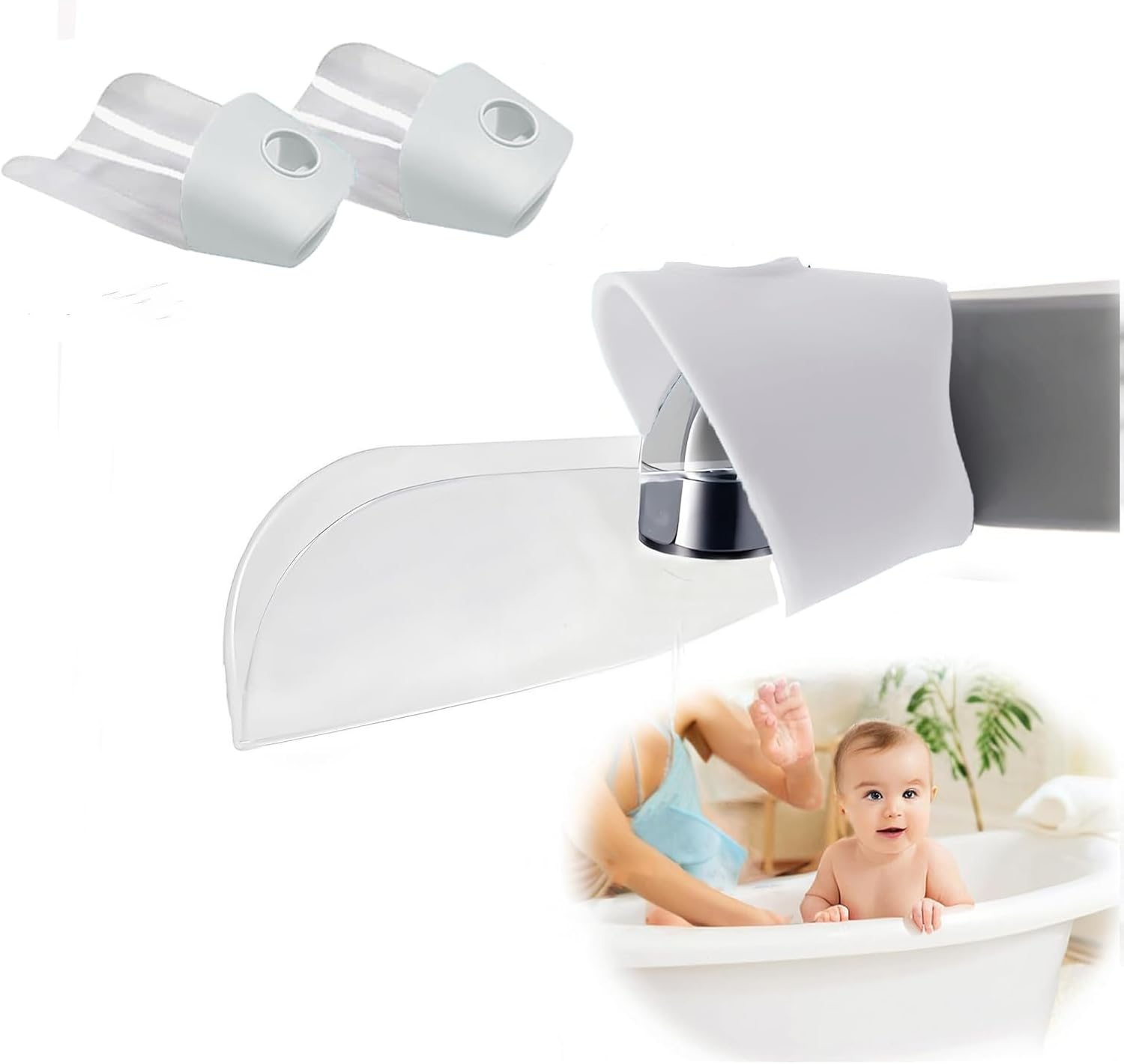 2 Pack Baby Bath Faucet Extender, Universal Adjustable Sink Spout Protector for Kids - Soft Cover, Safe Washing (White) image number 1