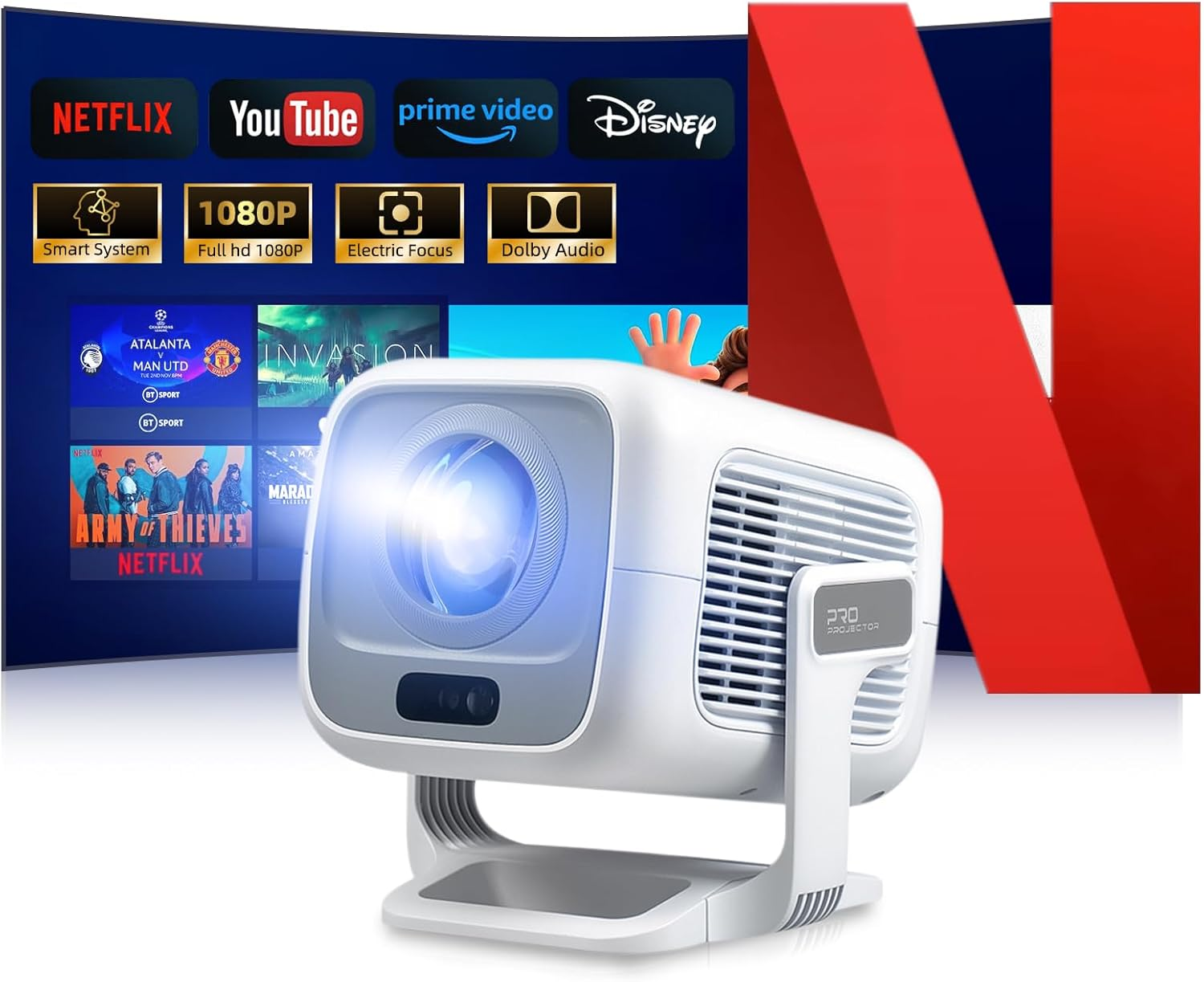 [Netflix Official & TOF Real-Time Focus] Mini Smart Projector &ndash; Native 1080P, Projector 4K, 700ANSI 1080P Full HD Wifi6 Bluetooth, Auto Keystone Correction, 3D Dolby Audio, Home Movie Projector(White) image number 1