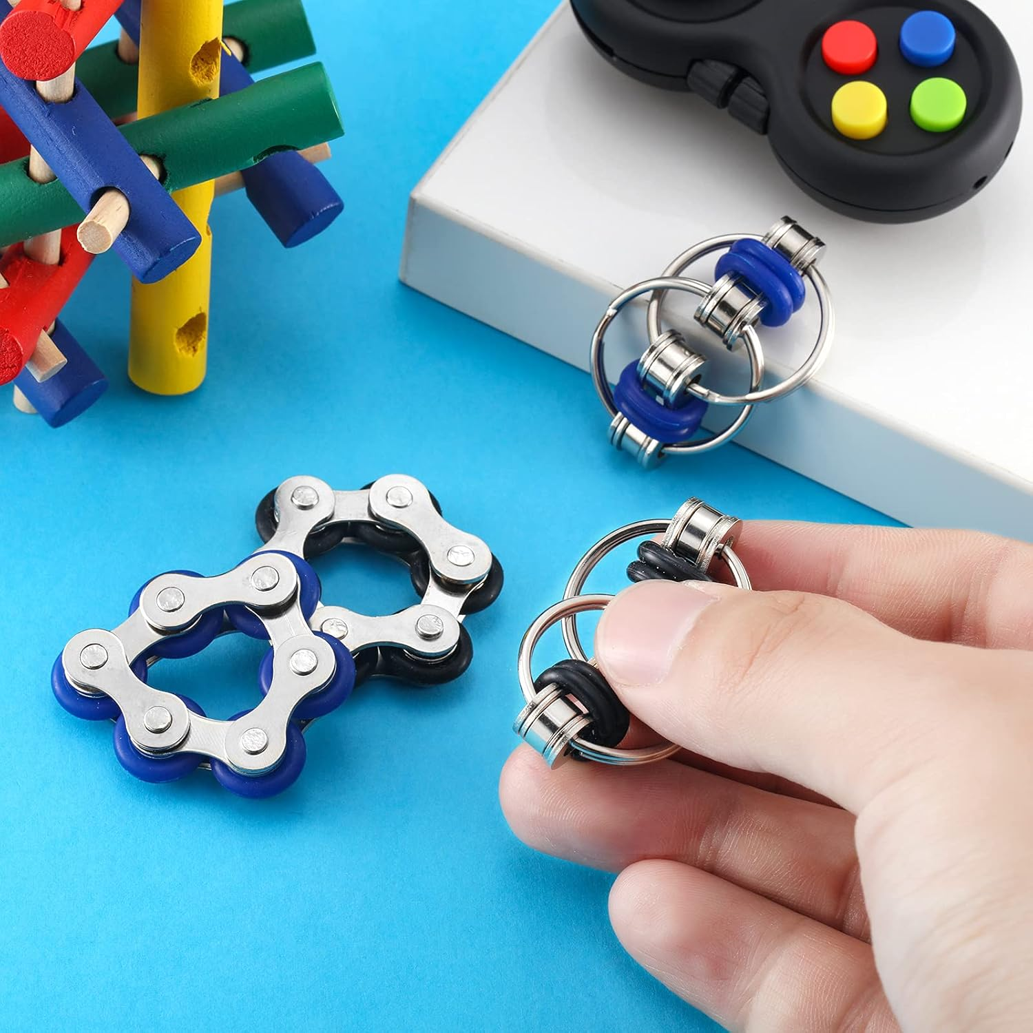 4 Pieces Fidget Toy Set Includes 2 Pieces Key Flippy Chain Stress Reducers and 2 Pieces Six Roller Chain Fidget Toy for Adults and Teens Stress and Anxiety Relief (Blue, Black) - Black,Blue image number 3