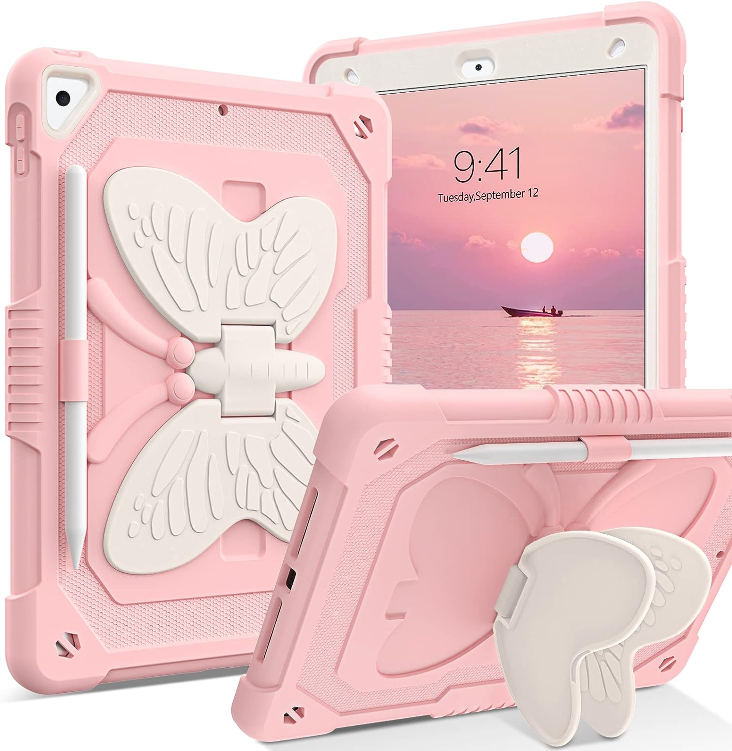 DUEDUE Ipad(A16) 11Th Generation 11 Inch 2025 Case, Ipad 10Th Generation 10.9 Inch 2022 Case, Butterfly Wings Kickstand Heavy Duty Shockproof Protective Tablet Case for Kids, Rainbow