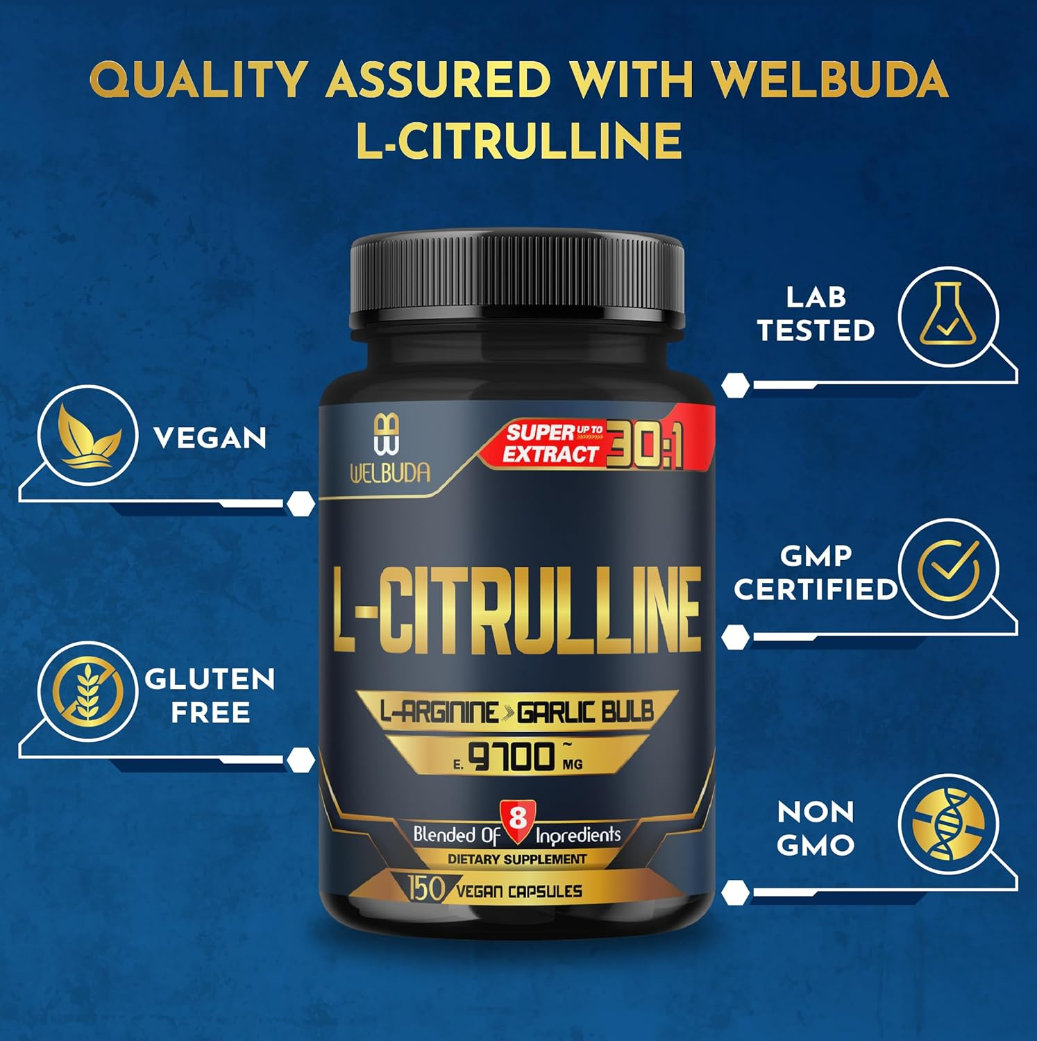 L-Citrulline Capsules 9700Mg - 8 Premium Ingredients with L-Arginine, Garlic, Horse Chestnut, Acai Seed, Pine Bark & More - Support for Muscle, Strength, Heart & Immune - 150 Pills for 75 Servings