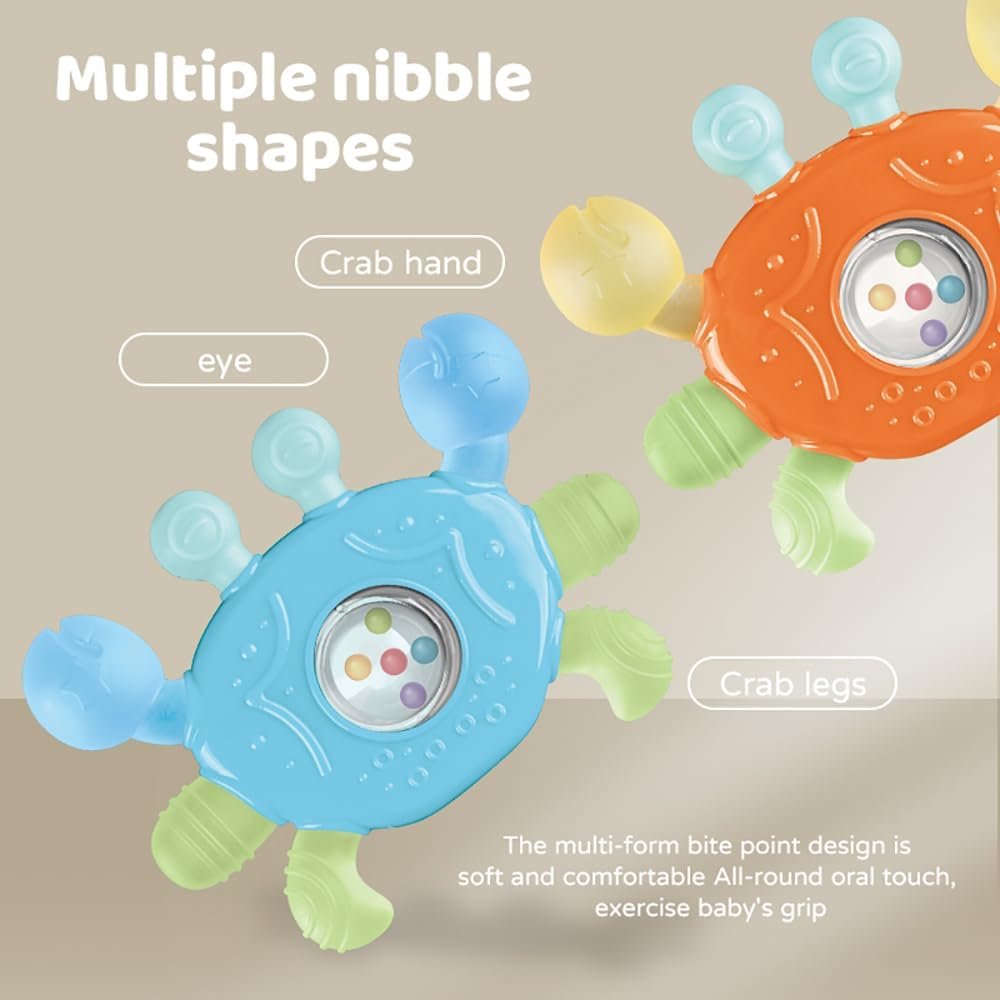 Itreatu Crab Baby Teether Toy, Soft Baby Teething Toys with Rattle, Easy-Grip Dummy Teether for 3-12 Months, Soothing Infant Toy for Teething Pain Relief (Blue) - White image number 5