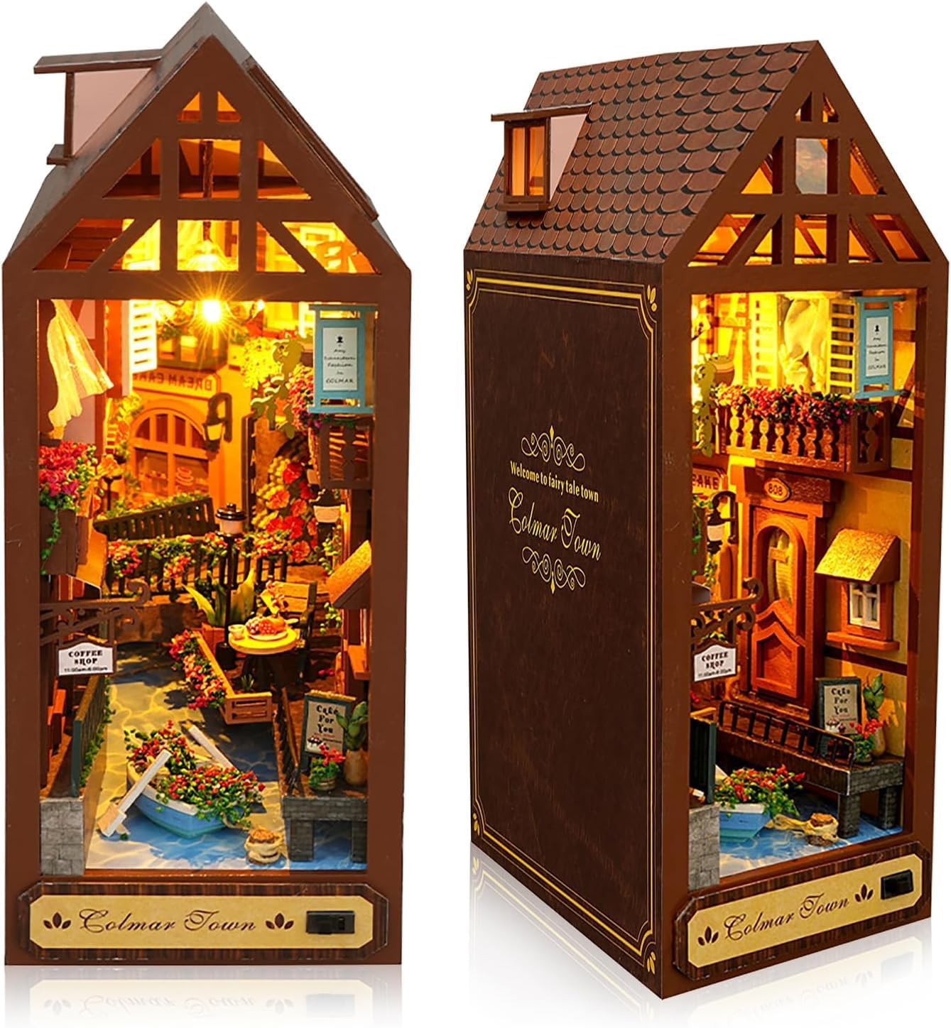 DIY Book Nook Kit 3D Wooden Puzzle Bookshelf Insert Decor with Light, DIY Miniature Dollhouse Model Kit Creative Bookshelf Insert Building Kits for Adults (Sea Breeze)