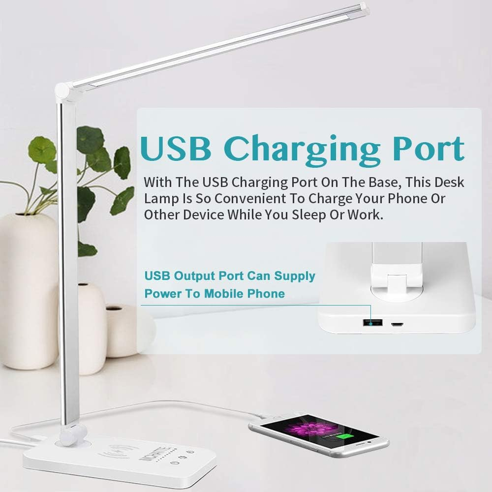 MCHATTE LED Desk Lamp with Wireless Charger, USB Charging Port, Dimmable Eye-Caring Desk Light with 5 Brightness Levels & 5 Lighting Modes, Touch Control, Auto Timer (White)