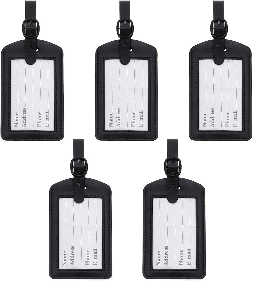 OKUMEYR 5Pcs Black PU Leather Boarding Pass Luggage Tags Lightweight Travel Suitcase Id Labels Reusable and Comfortable Texture Easy-Tie Baggage Identifier for Carry Travel Bags image number 6