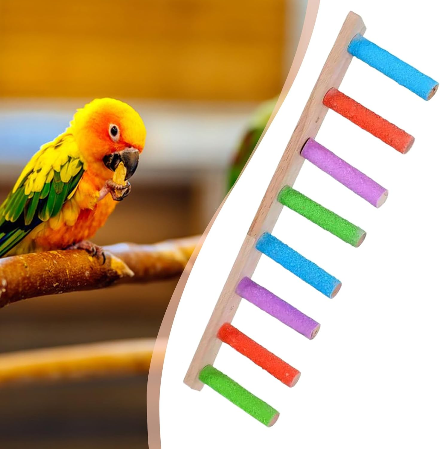 Bird Ladder - Wooden Swinging Bird Cage Ladder - Heavy Duty, Multifunctional Claw Sharpening Tools, Interactive Crate Accessories for Parakeet Conures Lovebird - Six Sections image number 2
