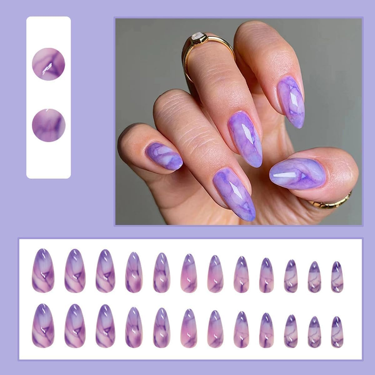 LYMCY Press on Nails French,Purple Halo Fake Nails, Artificial Nails for Women and Girls -24 Pcs image number 6