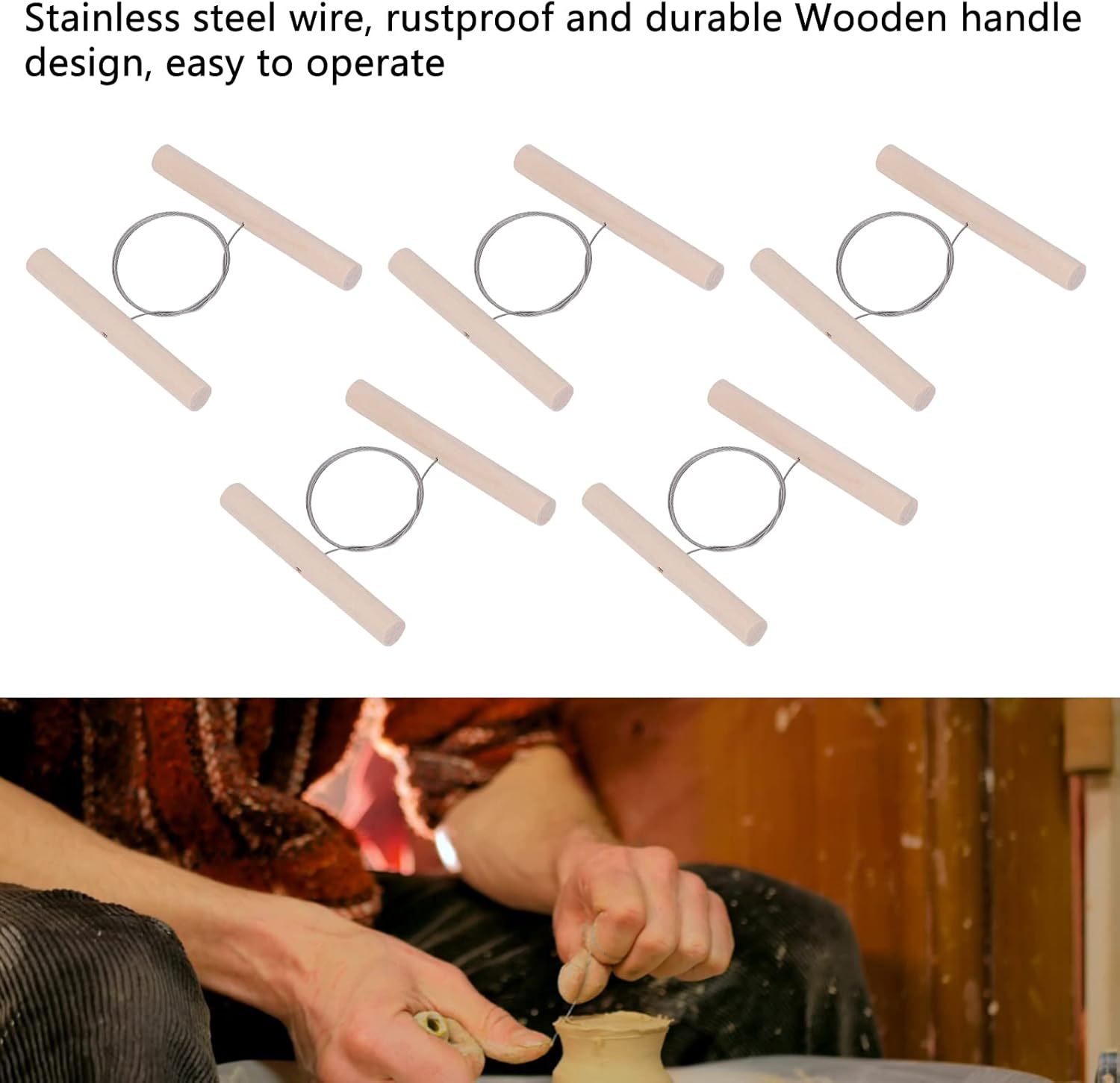 Clay Cutter, 5 Pcs Stainless Steel Wire Cutting Pottery Tools with Double Wooden Handle, Portable Wire Clay Cutter, Cut off Tools for Clay, Ceramic, Art Sculpture, Cheese, Dough image number 1