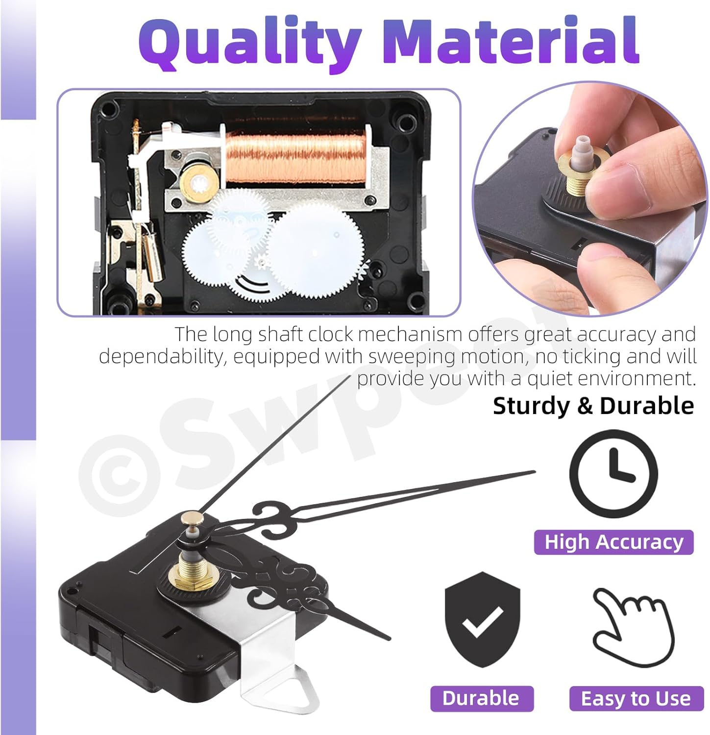 Swpeet 6 Pcs 13Mm / 0.51 Inches Long Shaft Clock Movement Mechanism Kit, 6 Clock Movement with 6 Hooks, 6 Different Pairs of Hands Clock, 6 Sets Mounting Hardware, 2 Set Clock Numerals for DIY Clock image number 4