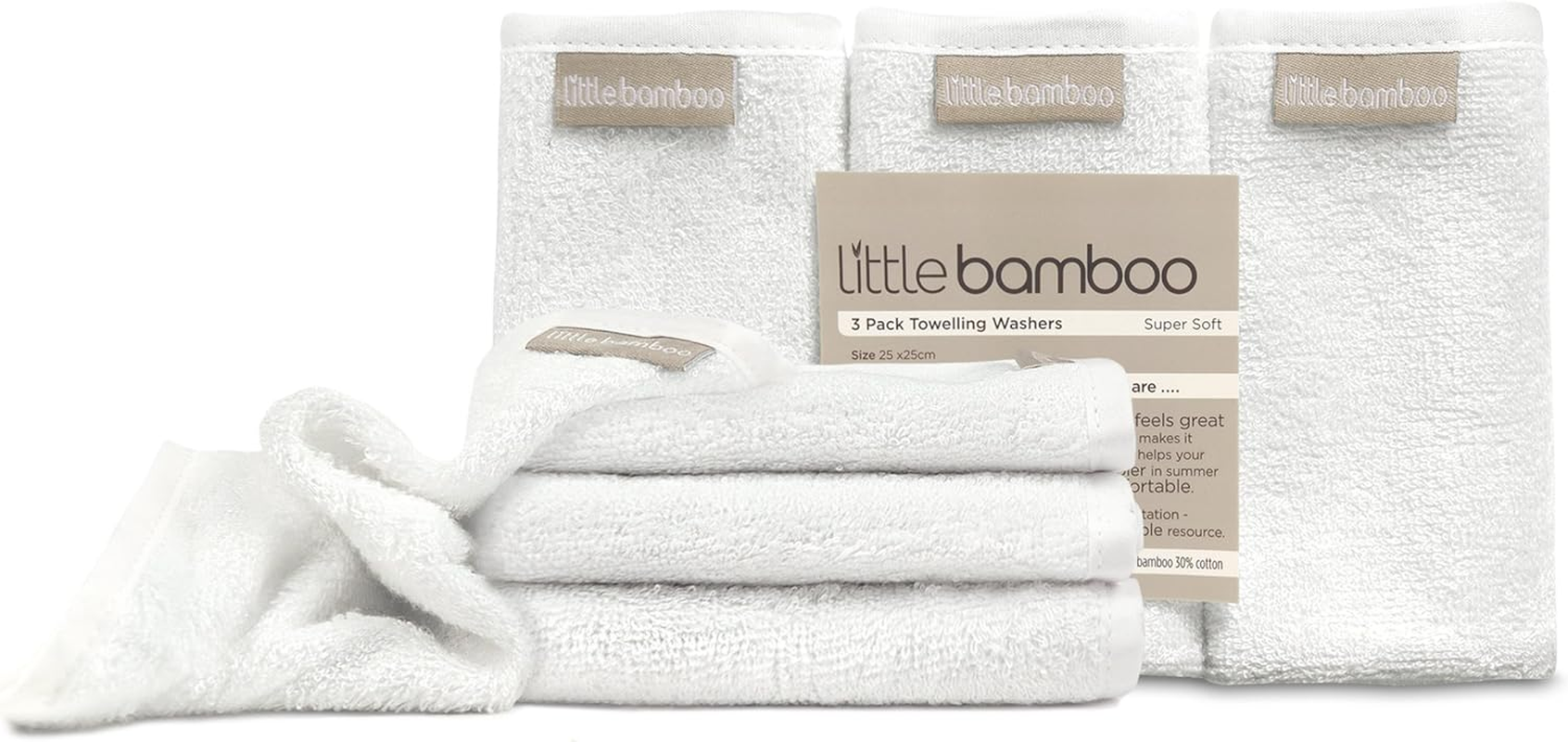 Little Bamboo Towelling Baby Washer Face Cloth, Natural (Pack of 3) - Natural