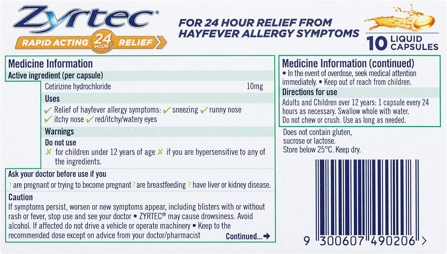 Zyrtec Rapid Acting Hayfever Allergy Relief Antihistamine Liquid Capsules 10 Pack |Contains Cetirizine|Provides Relief from Sneezing, Runny, Itchy Nose, Red, Itchy and Watery Eyes, Post Nasal image number 6
