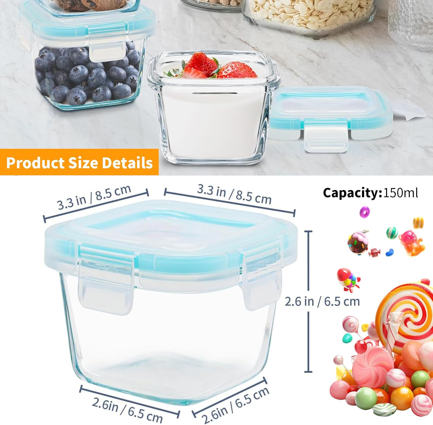 12 Pack Glass Food Containers with Lids, 150ML Meal Prep Containers, Reusable & Airtight & Leakproof Food Jars for Sauce Snack Yogurt Dressing Dip Dessert, Microwave, Freezer, Dishwasher Safe (Square) image number 4