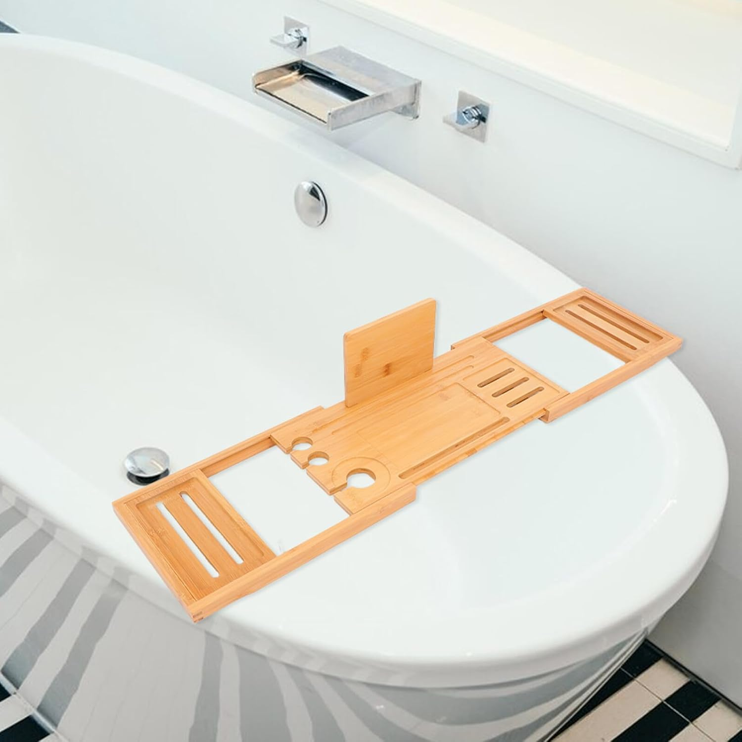 HOODANCOS Expandable Bamboo Bathtub Tray Organizer with Adjustable Multifunctional Bath Shelf for Soap Shampoo and Accessories Storage Elegant Bathroom Storage Rack for Various Tub image number 3