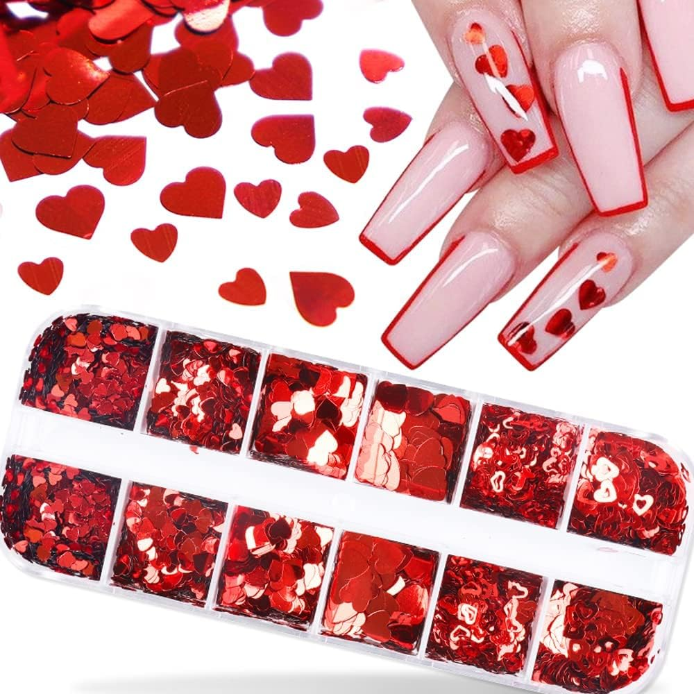 Red Heart Nail Art Glitter Sequins for Valentine'S Day Nail Art Stickers Decals Holographic Love Heart Nail Charms Flakes for Acrylic Nail Supplies Manicure Tips Accessories image number 3