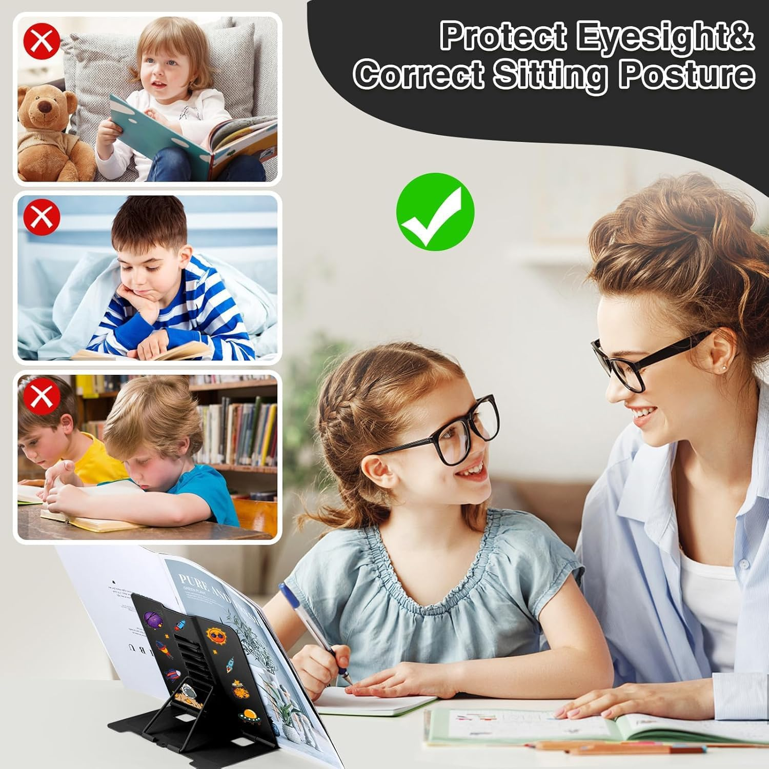 Cyanmor Desktop Reading Stand, 6-Level Adjustable Folding Reading Shelf, Portable Shelf with Non-Slip Pad, Cartoon Sticker Bookmark, Suitable for Textbooks, Cookbooks, and Tablets (Black) image number 5