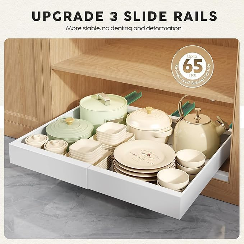 2 Pack Pull Out Drawers for Cabinets Expandable. Adjustable Width (32-52Cm), 42Cm Deep White Storage Drawer with 3 Slide Rails for Kitchen Pantry Cabinet, Adhesive Film Included image number 5